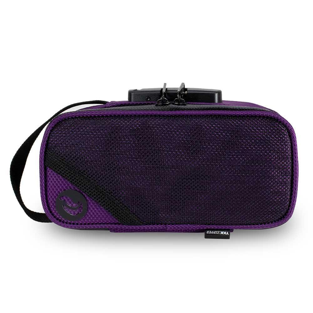 Purple smell-proof carrying case with handle and zipper, mesh front panel, rectangular shape