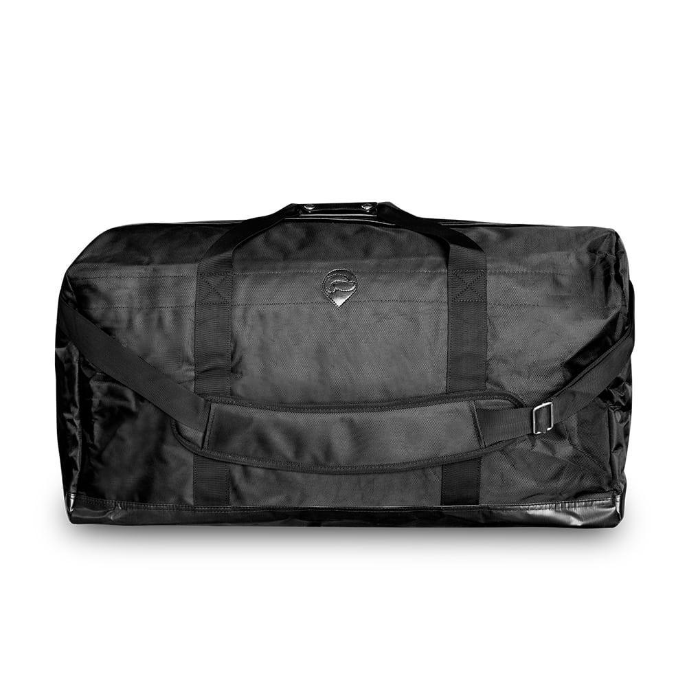 XXL black duffle bag with adjustable shoulder strap and logo patch on the side