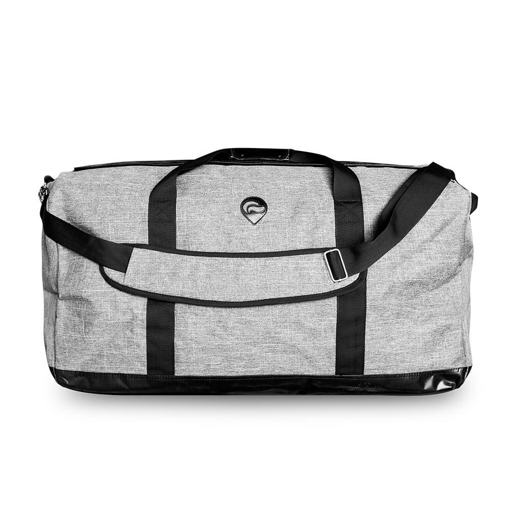 Gray XXL duffle bag with black straps and a side logo, odor-proof travel bag