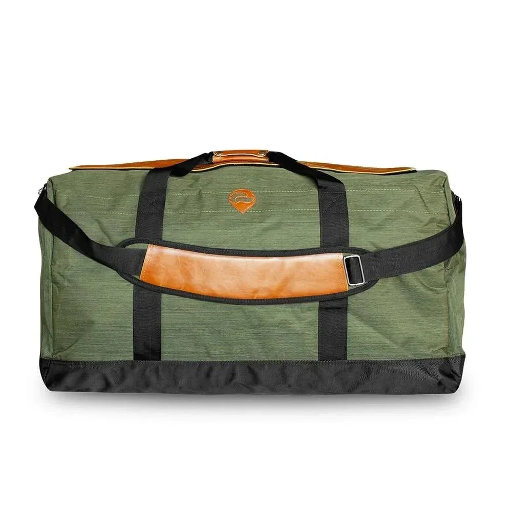 XXL green duffle bag with black straps and tan accent, odor-proof travel bag.