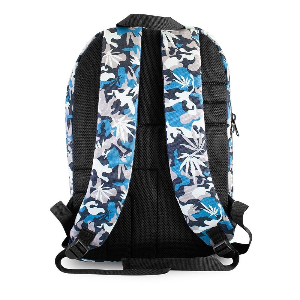 Blue camo backpack with padded straps and white leaf pattern, rear view