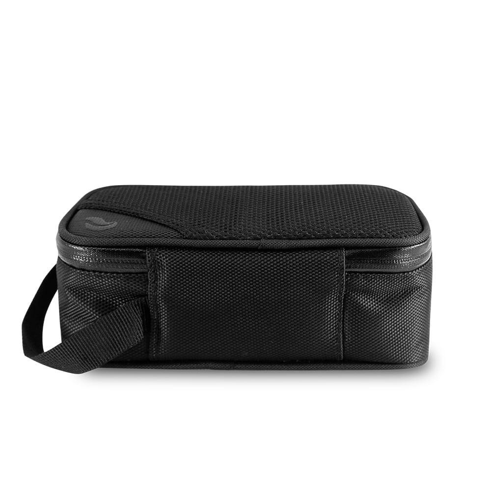 Black smell-proof travel case with zipper and carrying handle, rear view
