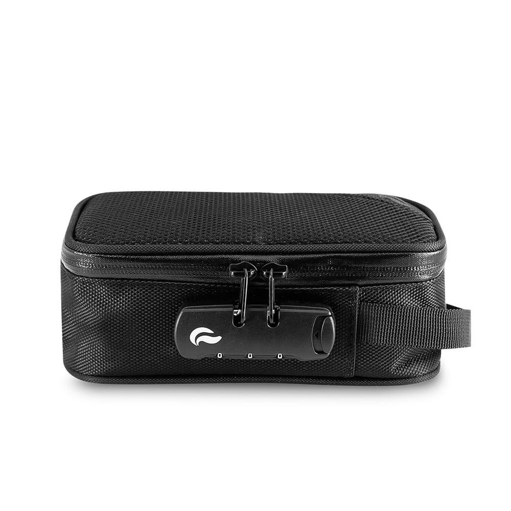 Black smell-proof travel case with lock and zipper, front view, for accessories storage.