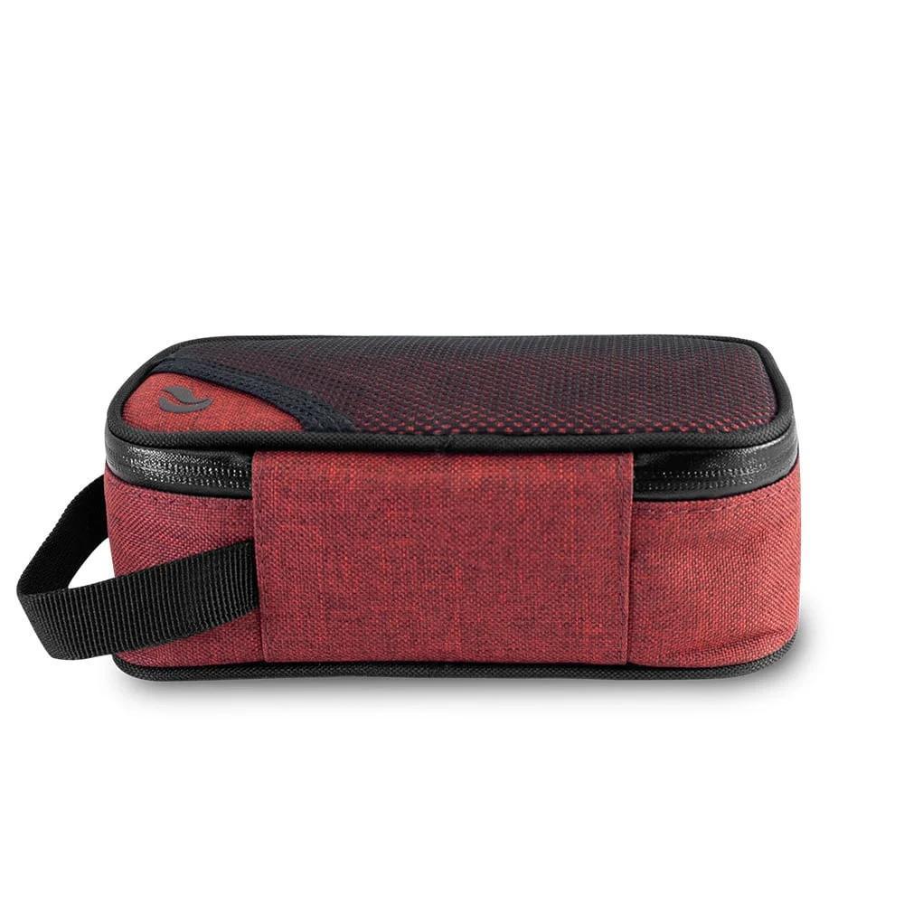 burgundy odor-proof zippered carrying case with black handle, side view