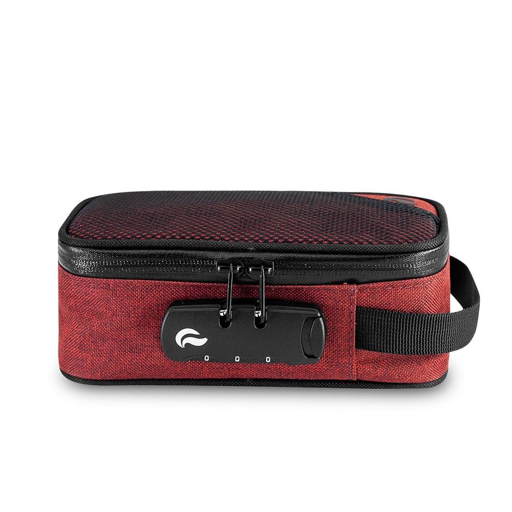 Burgundy smell-proof lockable storage case with handle, front view