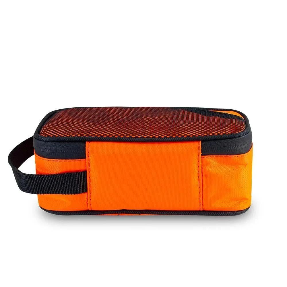 Neon orange smell-proof pouch with black mesh top and side carry handle, back view