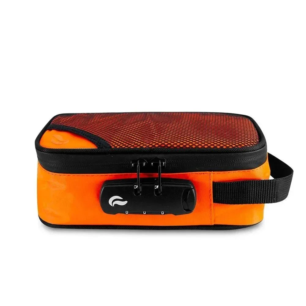 Neon orange smell-proof lockable travel case with mesh top and side handle