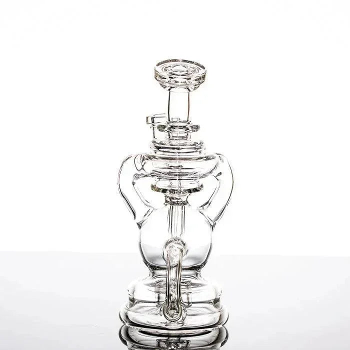 Clear glass bong with intricate design, dual arms, and base ring, ideal for heady glass collectors
