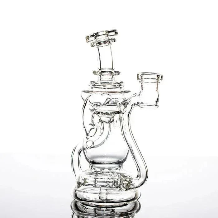 Clear glass bong with intricate percolator design, sleek stem, and side carb for smooth vapor hits