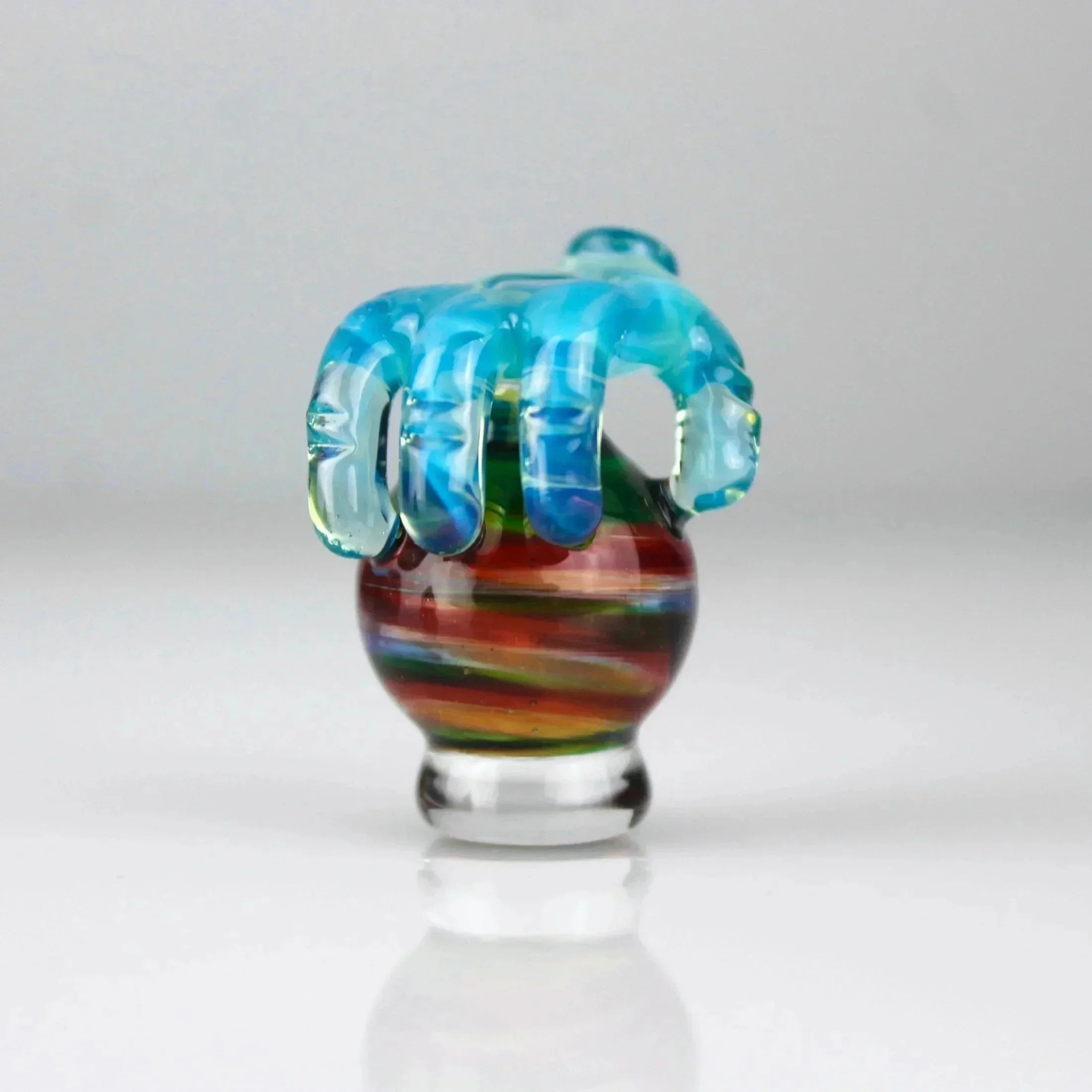 Rainbow-striped glass carb cap with aquamarine blue claw design for smoking accessories
