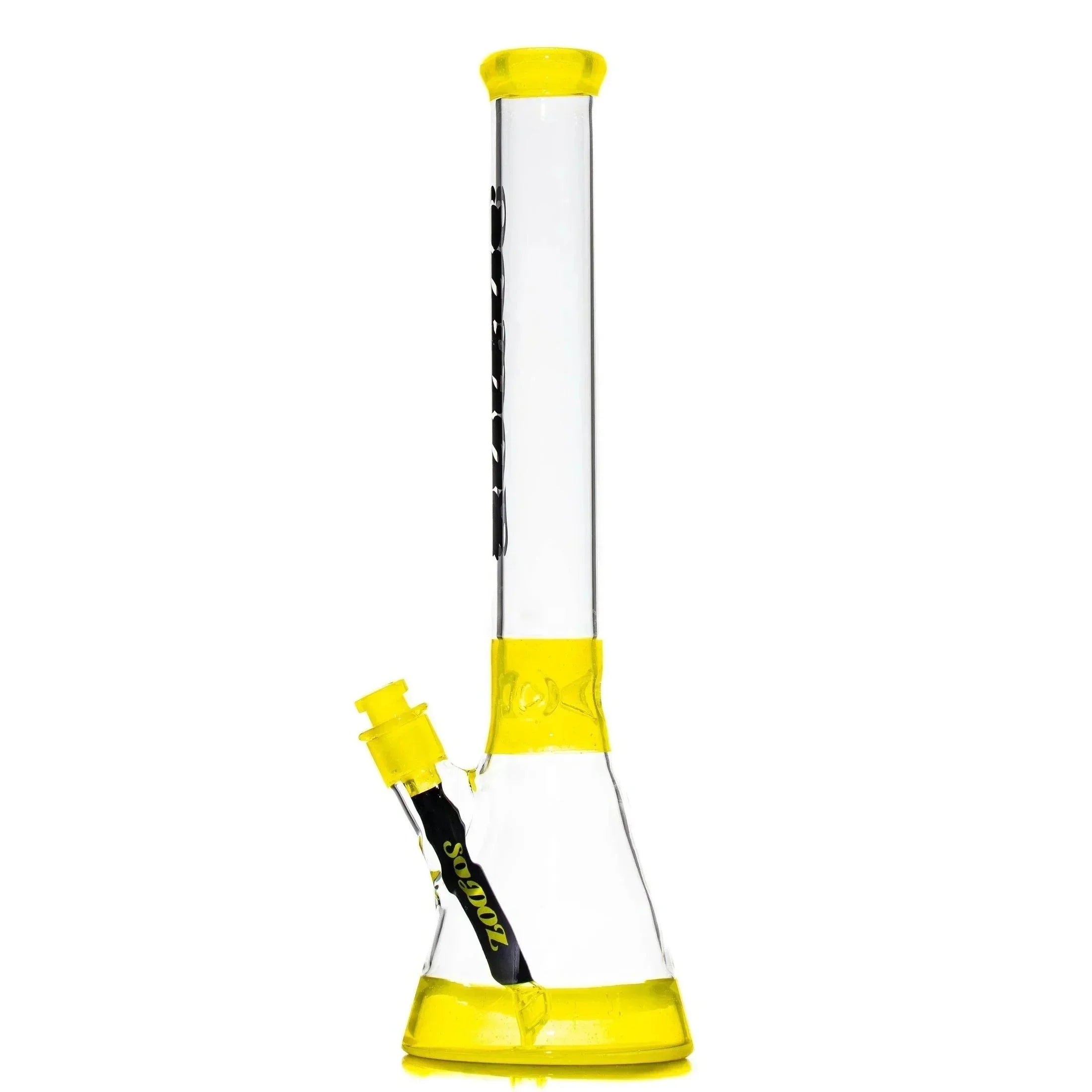 Clear glass beaker bong with bright yellow accents and removable downstem