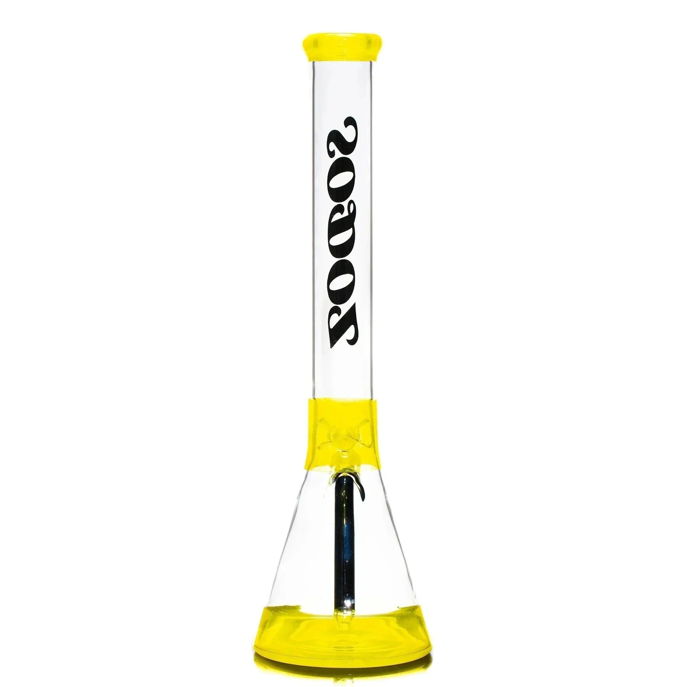 Clear glass beaker bong with black SODOZ logo and yellow accents on mouthpiece and base.