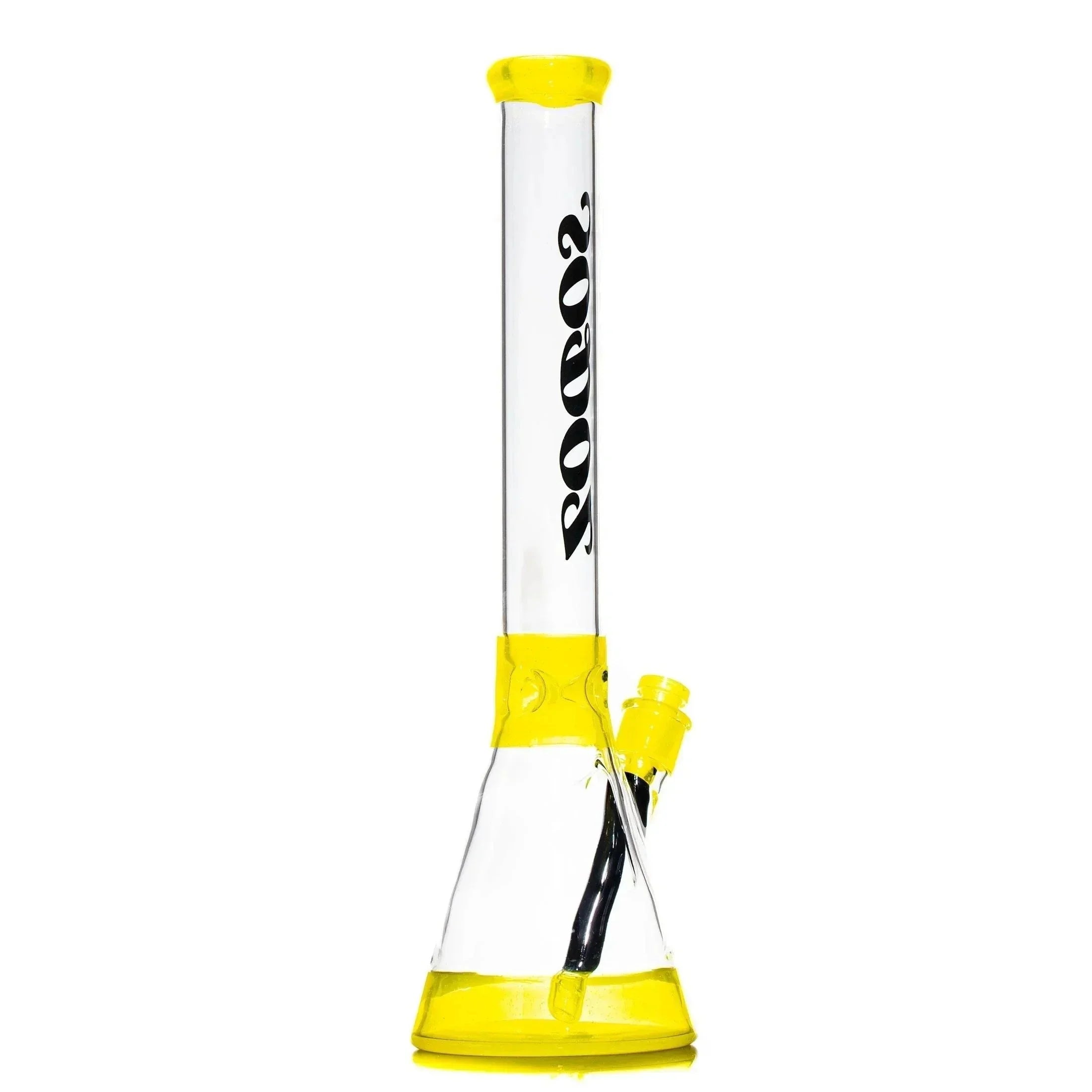 Clear glass beaker water pipe with yellow accents and black Sodoz logo