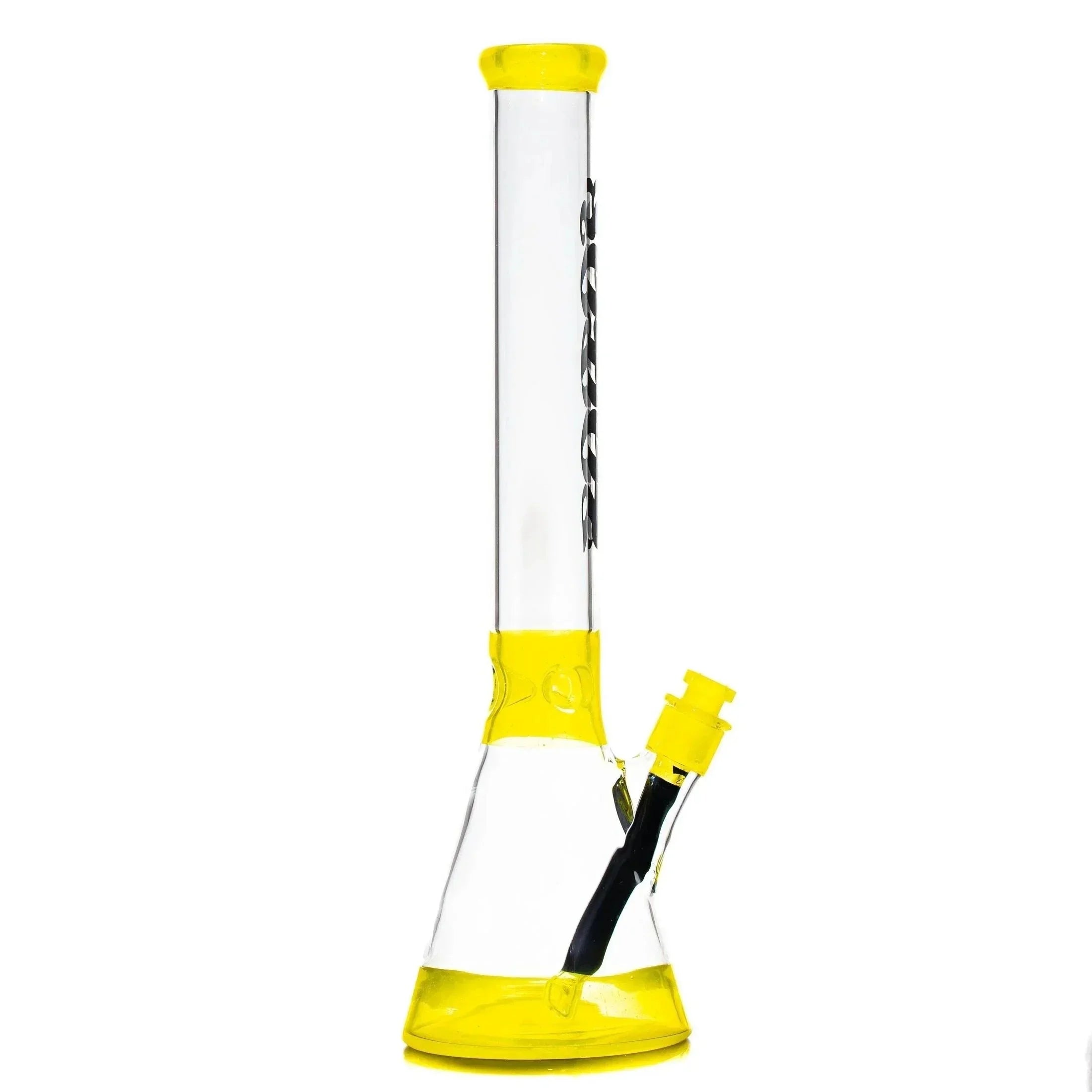 Clear glass beaker bong with yellow accents and black downstem for smoking accessories