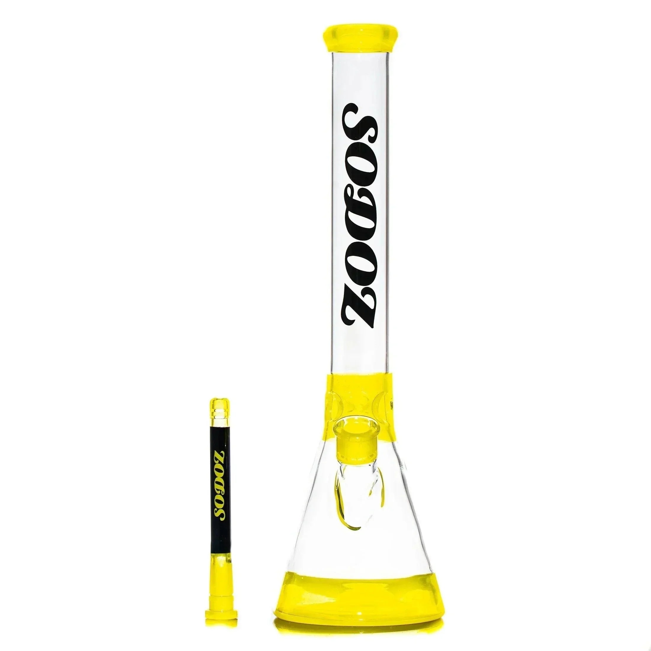 Clear glass beaker bong with yellow accents and black logo, shown with matching downstem.