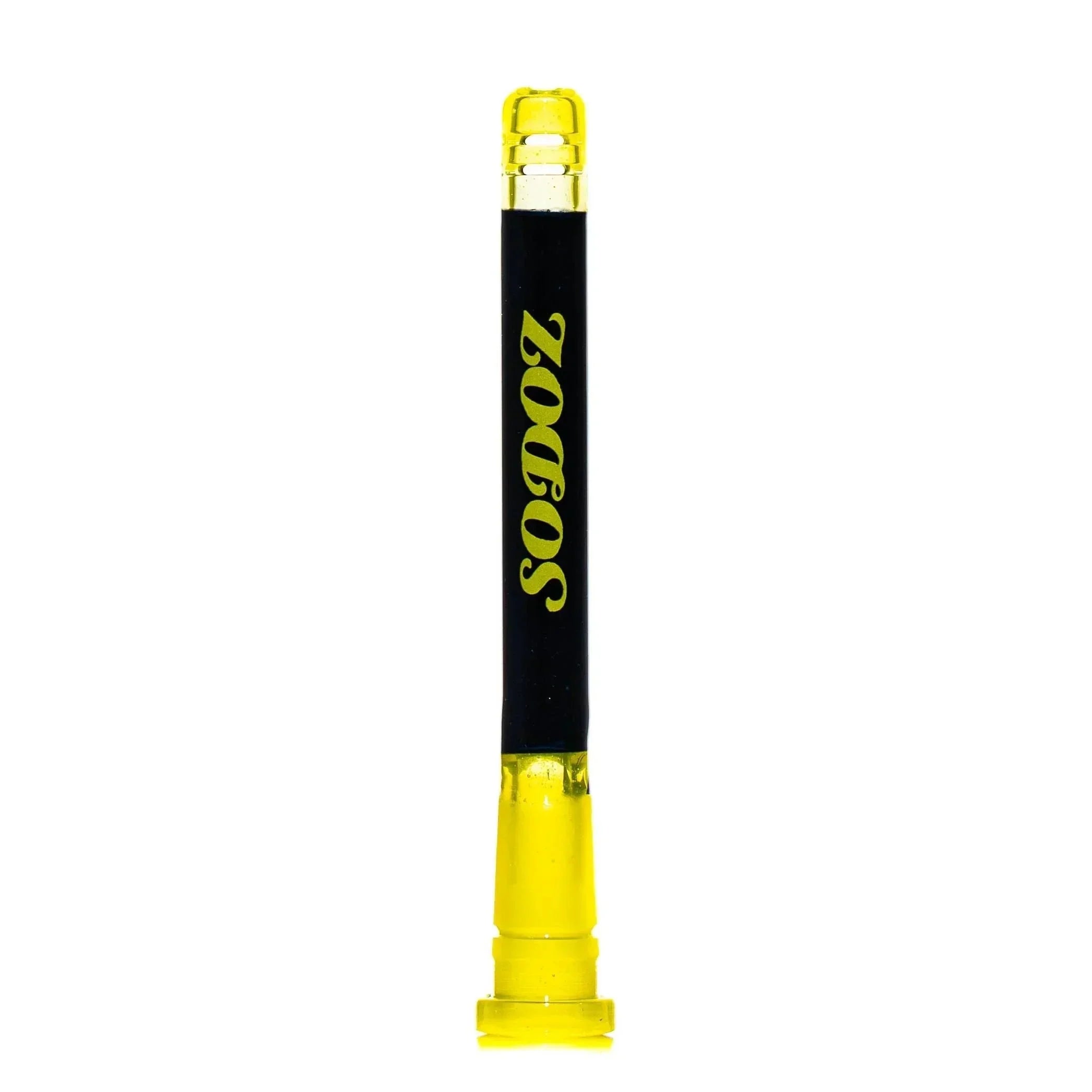 Black and yellow glass dab straw with SODOZ text, premium glass accessory