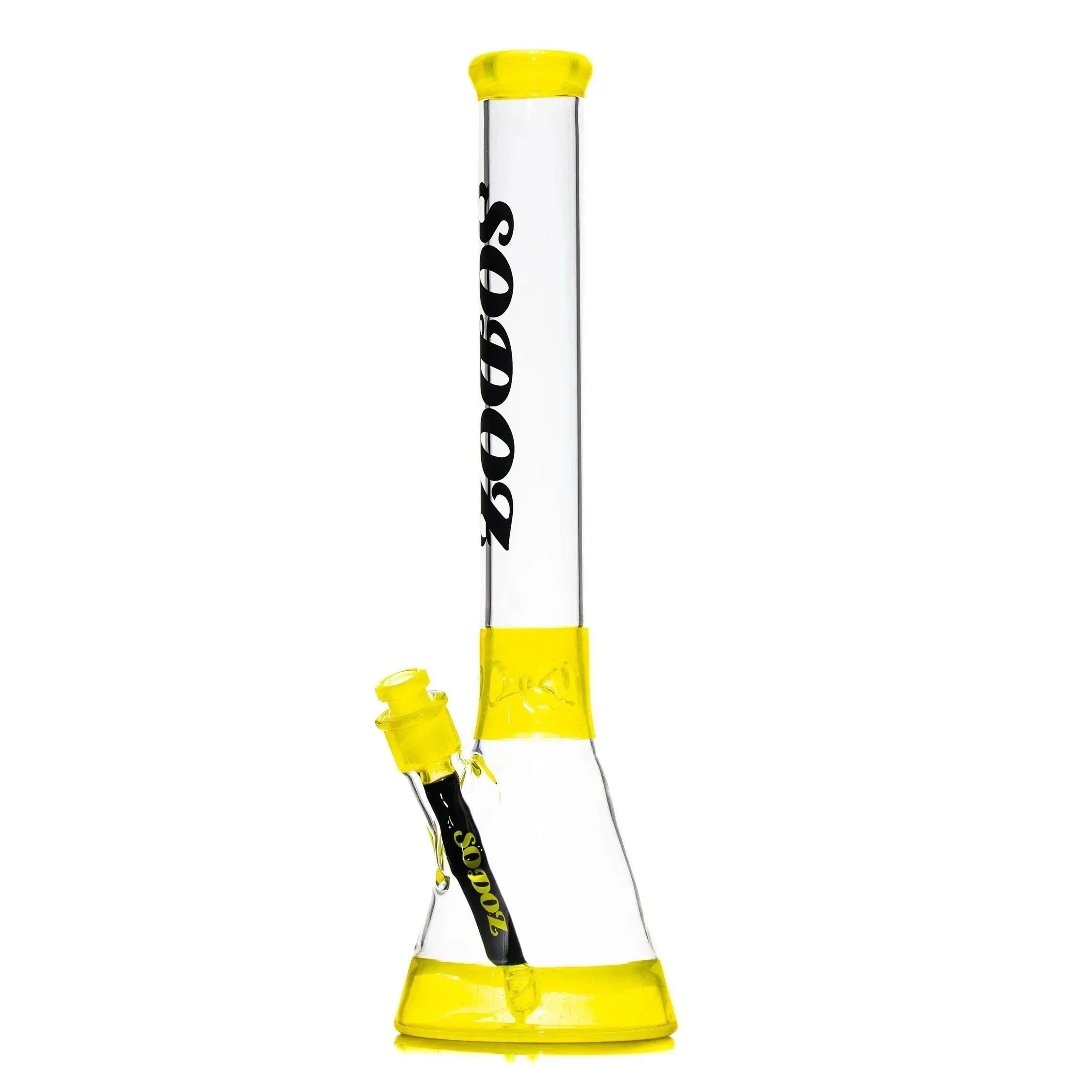 Clear glass water pipe with yellow accents and bold black logo, beaker base design
