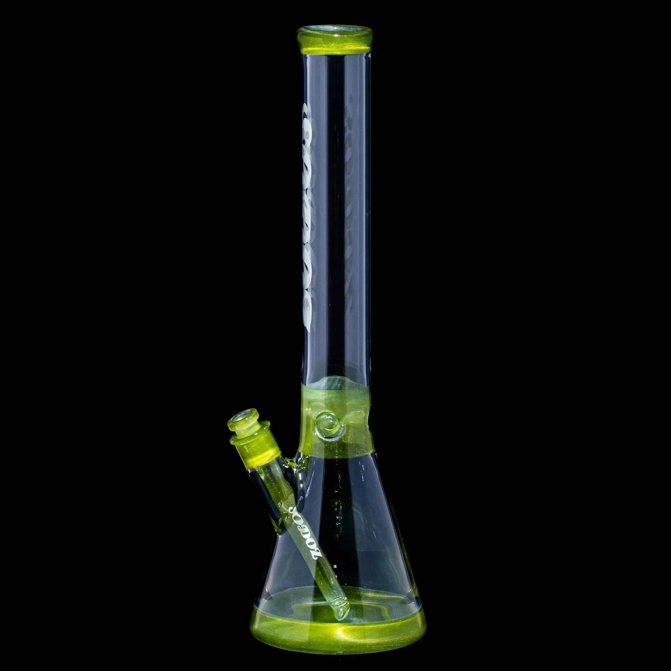 Green apple beaker glass water pipe with clear and neon green accents on black background.