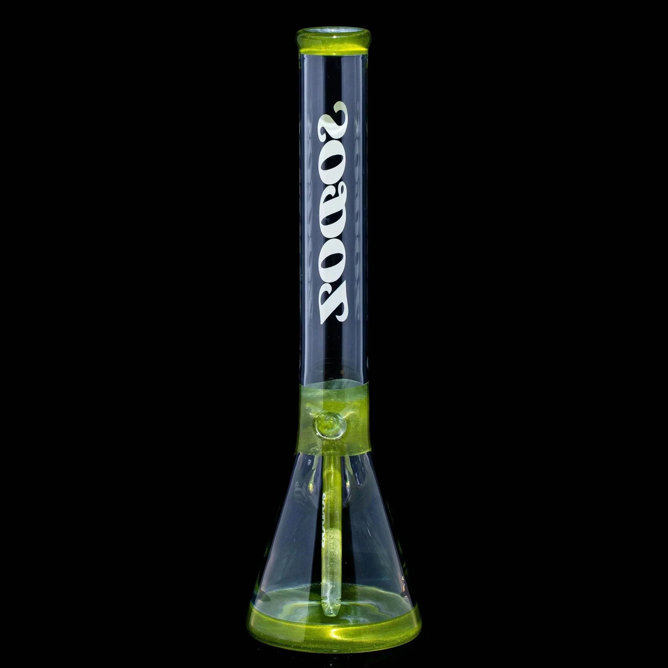 Green apple glass beaker water pipe with Sodoz logo on clear tube, black background