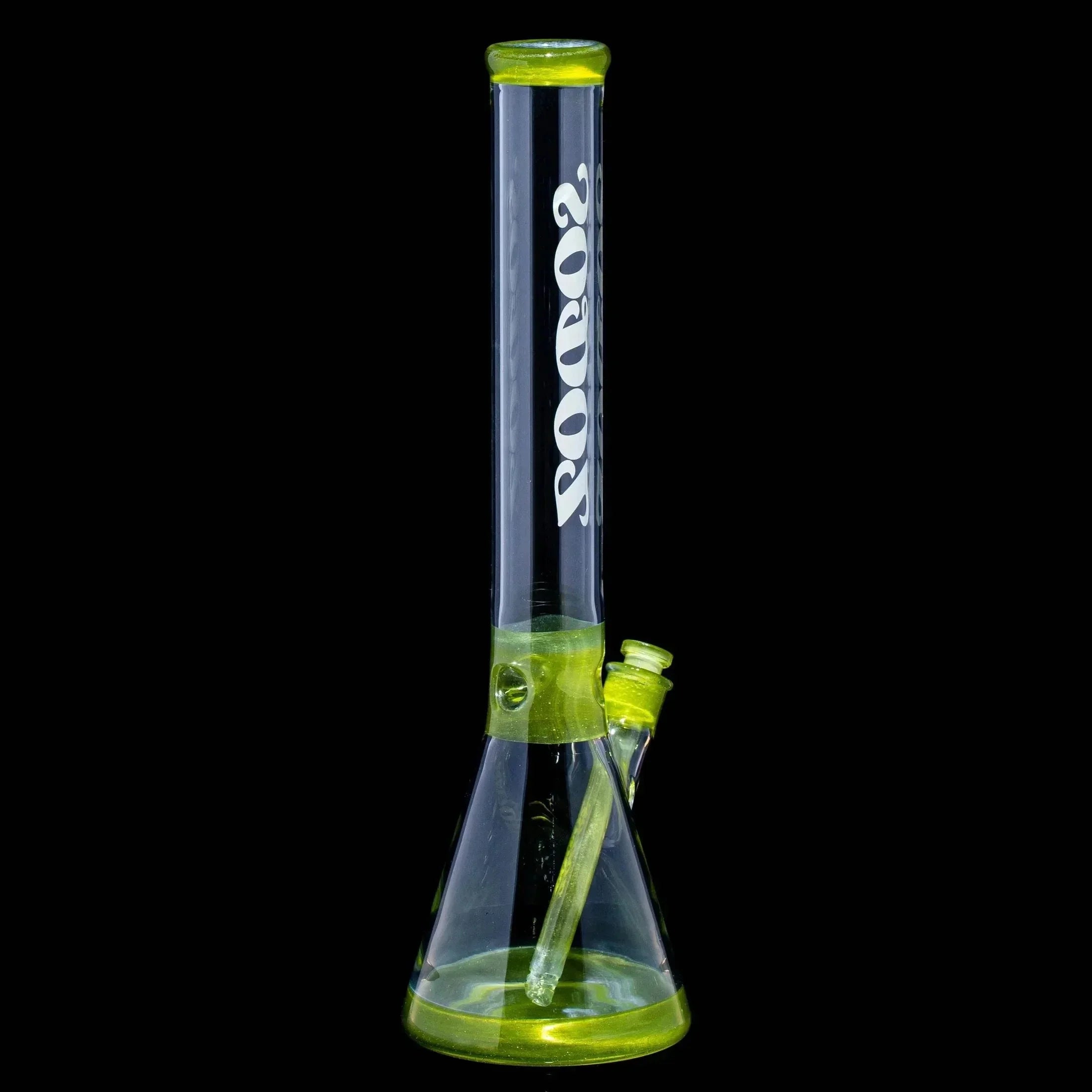 Green apple beaker glass water pipe with SODOZ logo on clear tube, black background