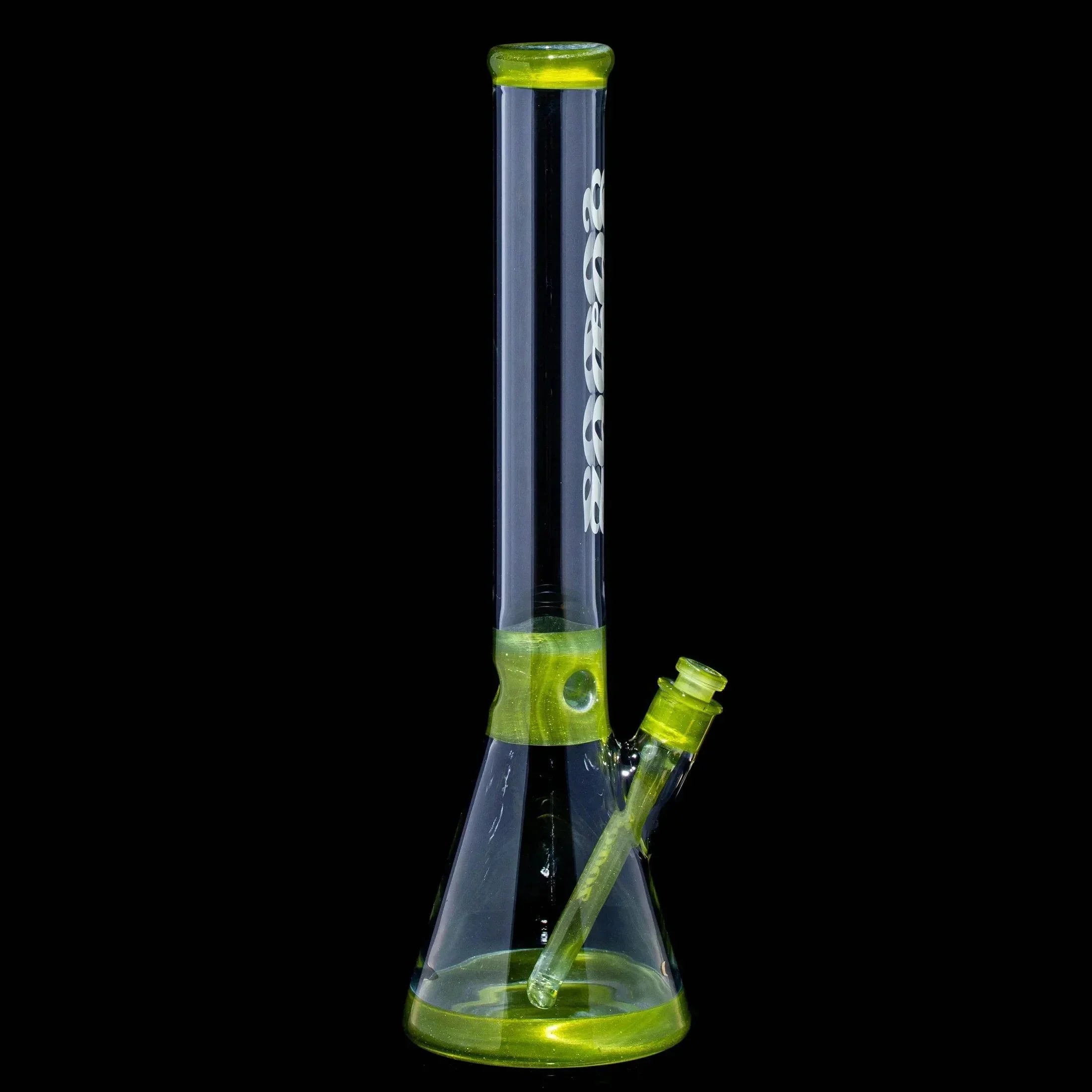 Beaker-style green glass water pipe with straight neck on black background