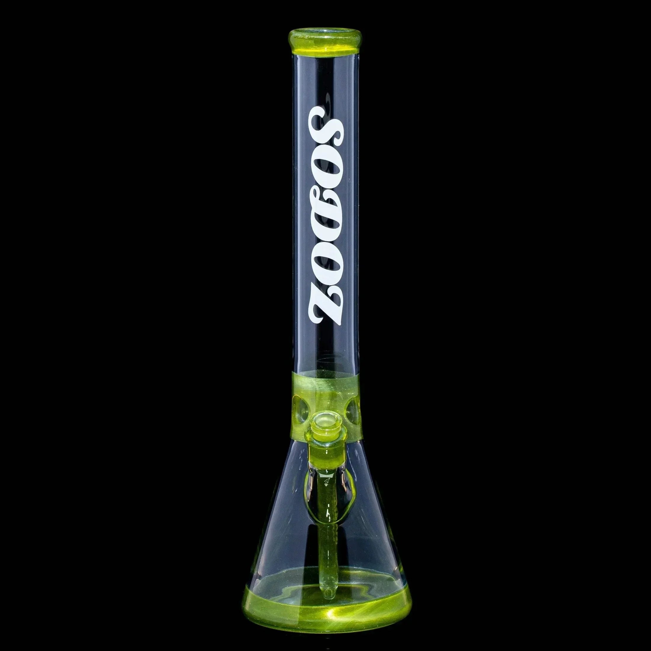 Beaker base green glass water pipe with SODOZ logo, black background