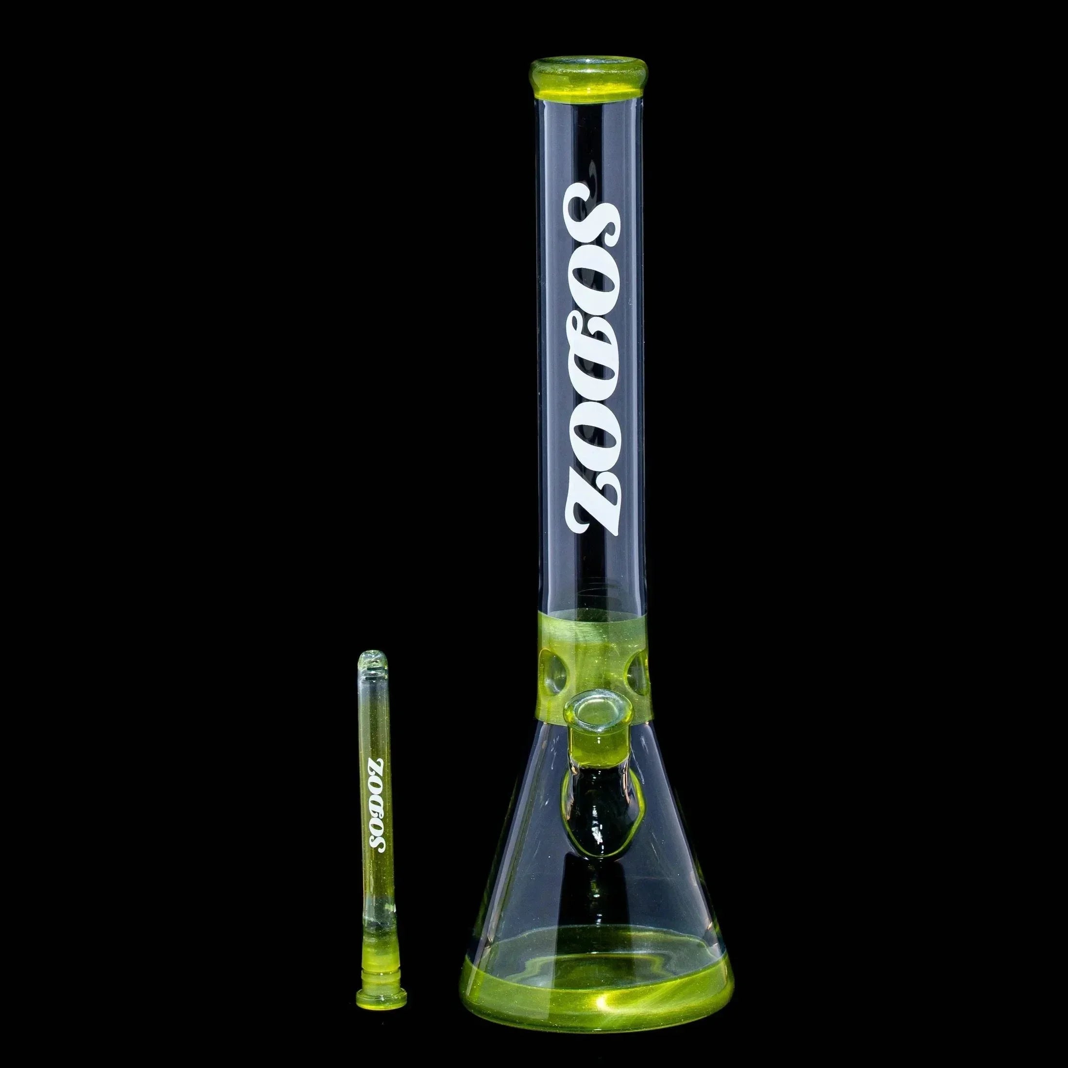 Clear beaker glass water pipe with green accents and SODOZ logo, shown with matching downstem