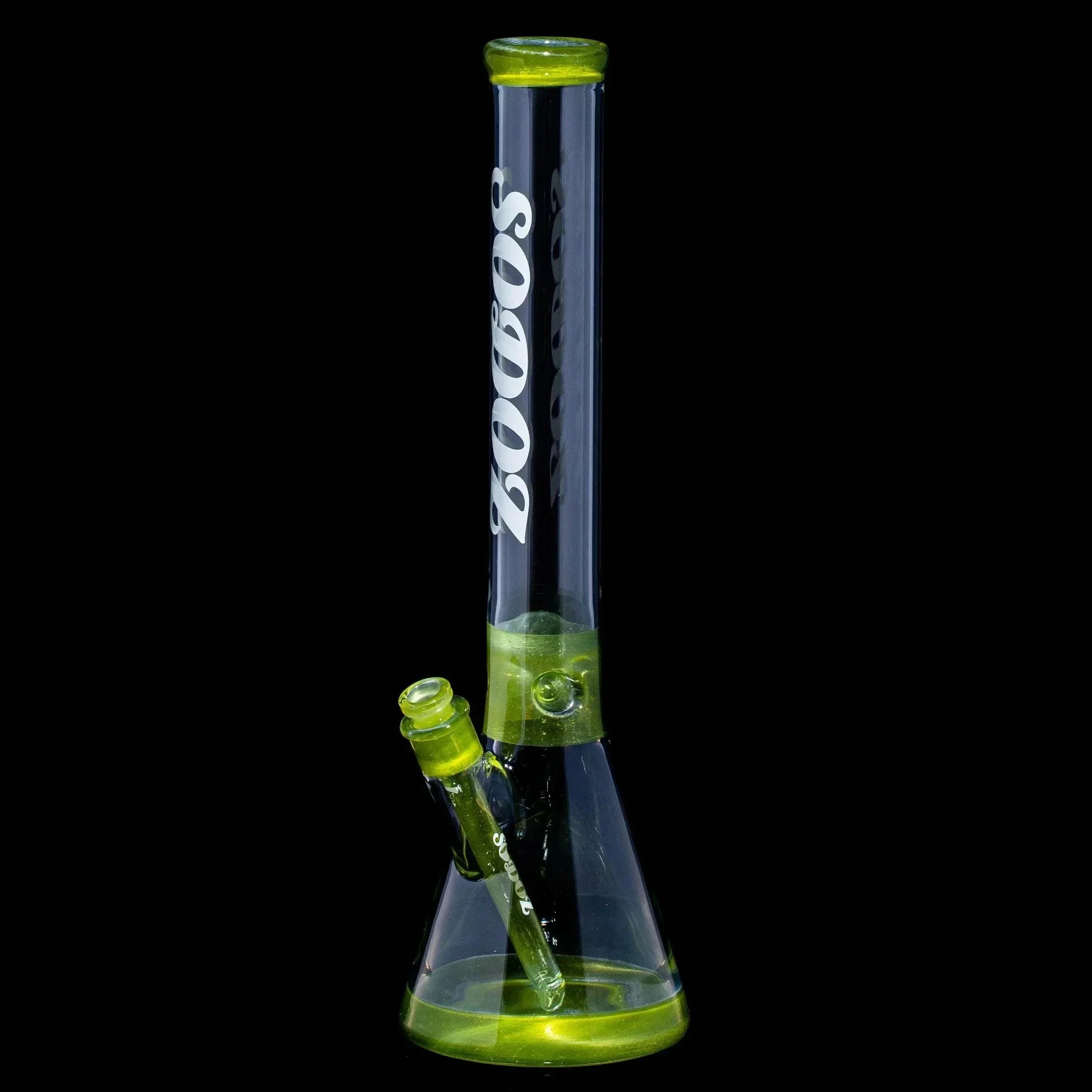 Green apple colored beaker glass water pipe with SODOZ logo on black background