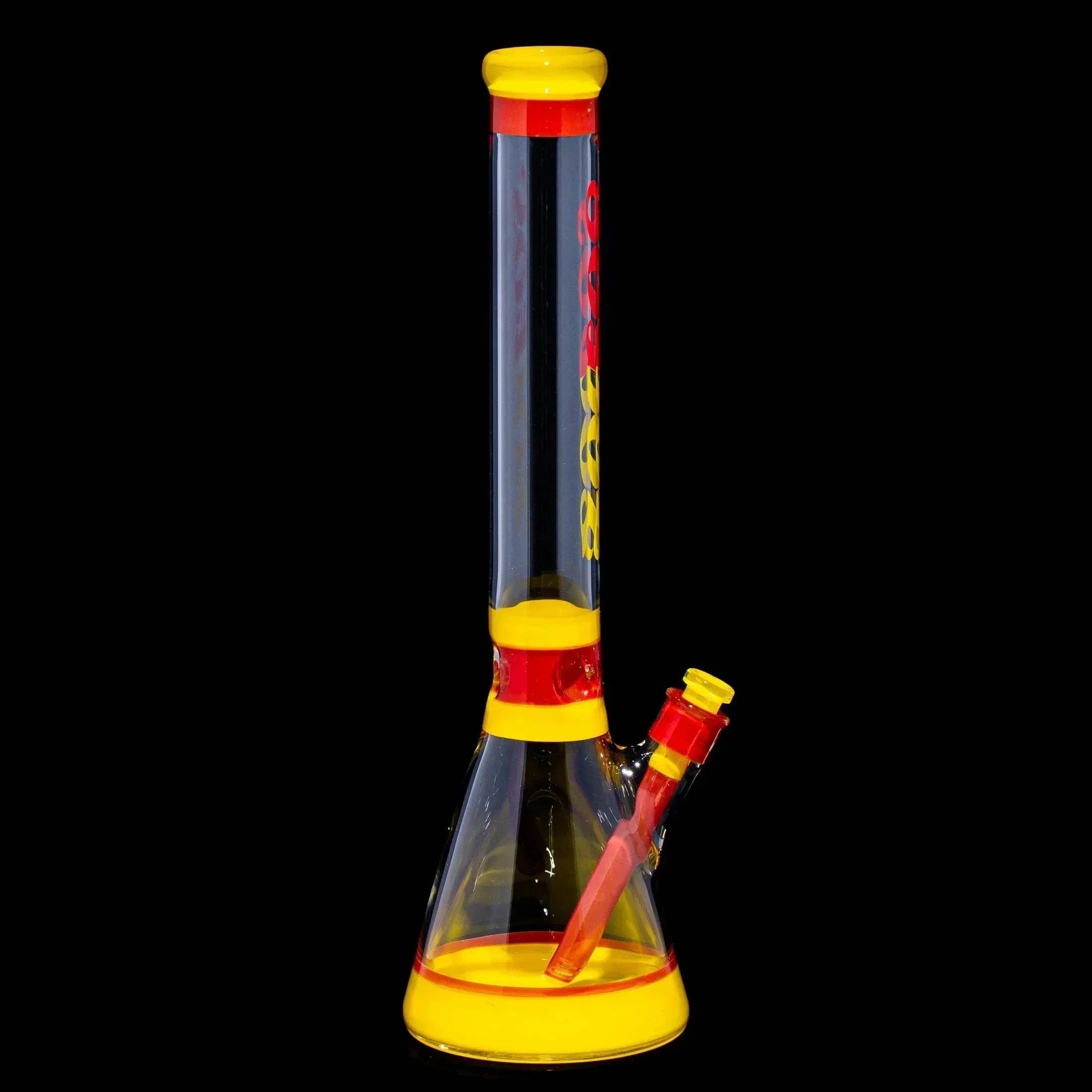 Clear glass beaker-style water pipe with red and yellow accents on a black background.