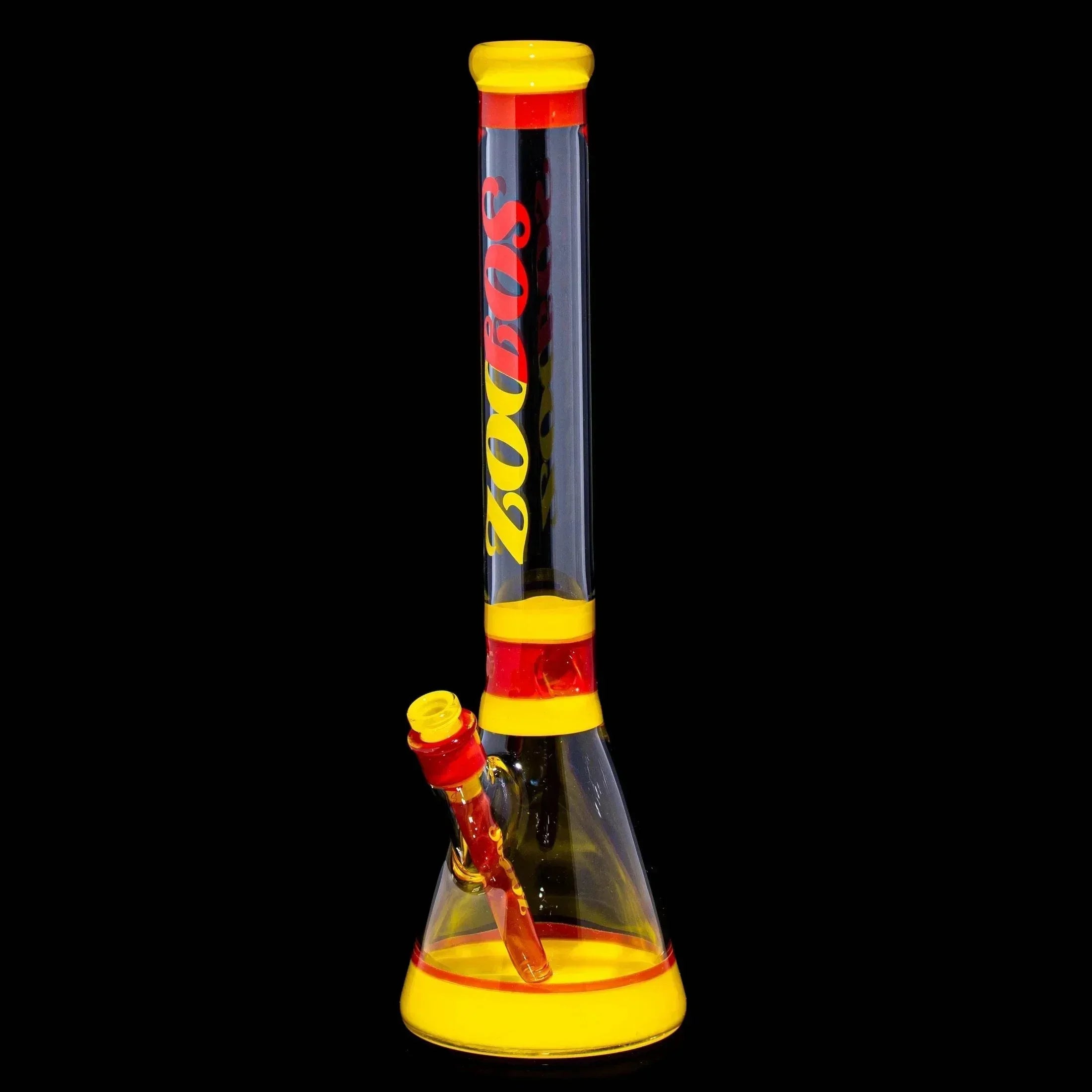 Beaker-style glass water pipe with yellow and red accents on a black background
