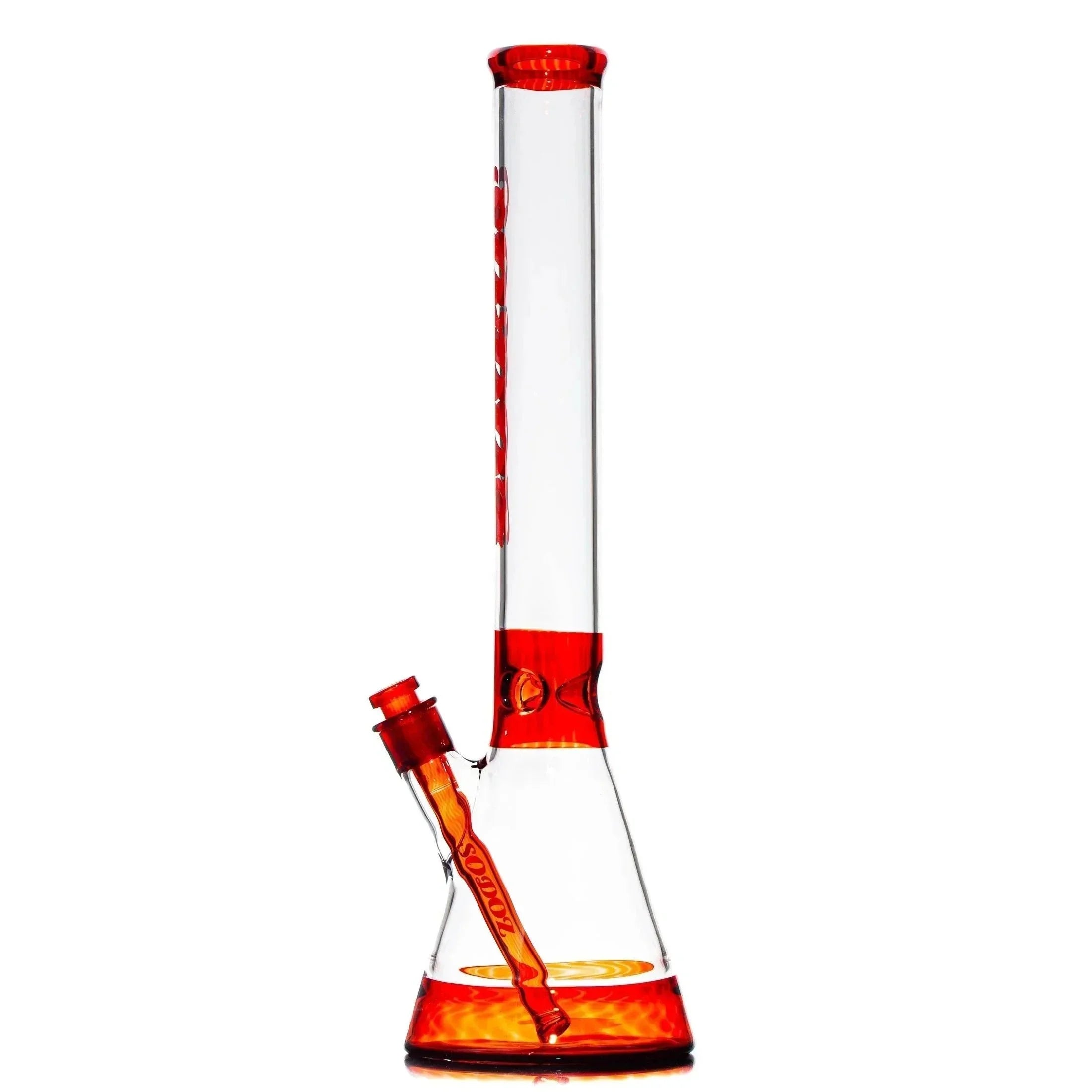Clear glass beaker bong with red accents and downstem, isolated on white background