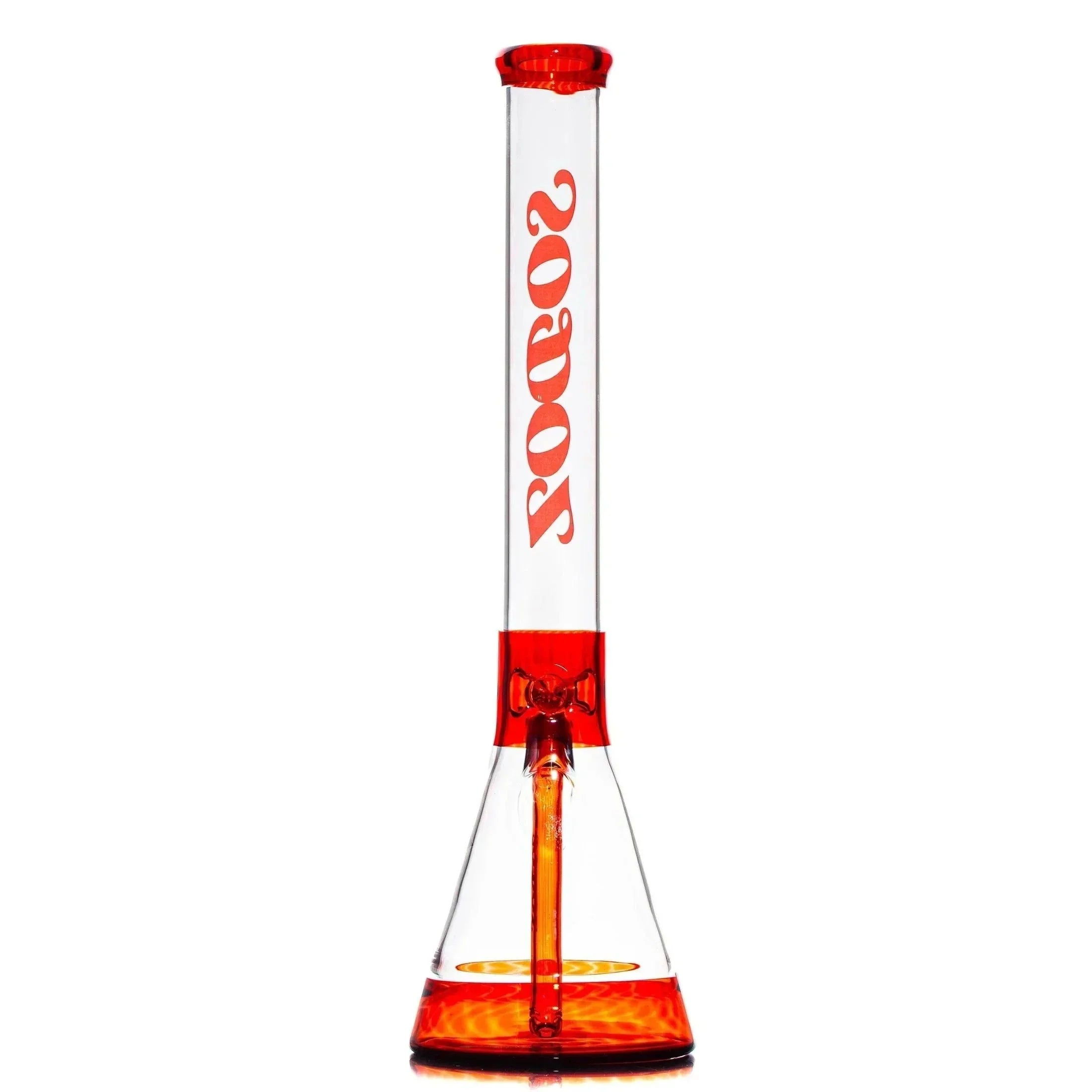 Clear and red glass beaker water pipe with 'SODOZ' text on the neck, isolated on white background.