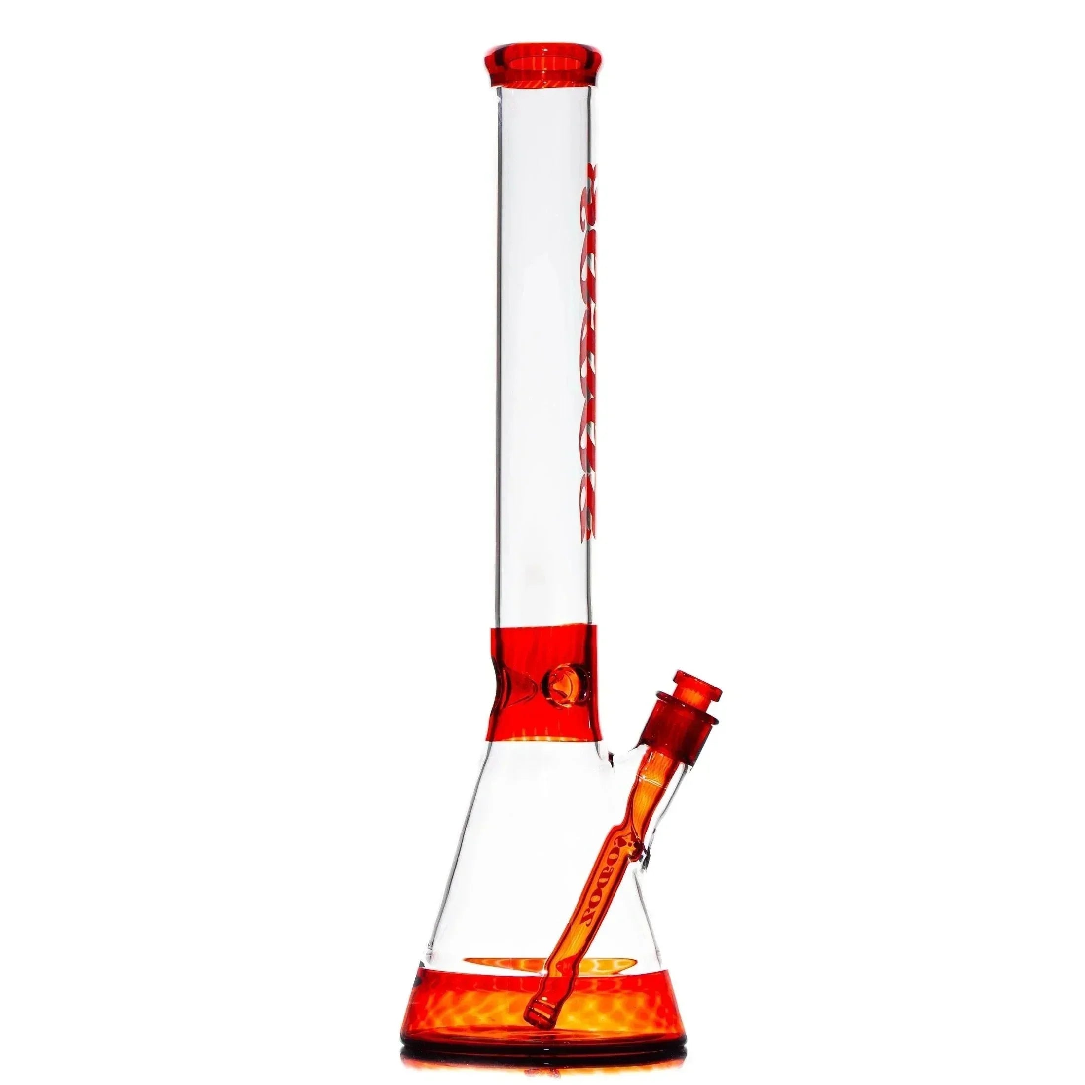 Clear glass beaker bong with vibrant red accents and a spiral ice catcher.