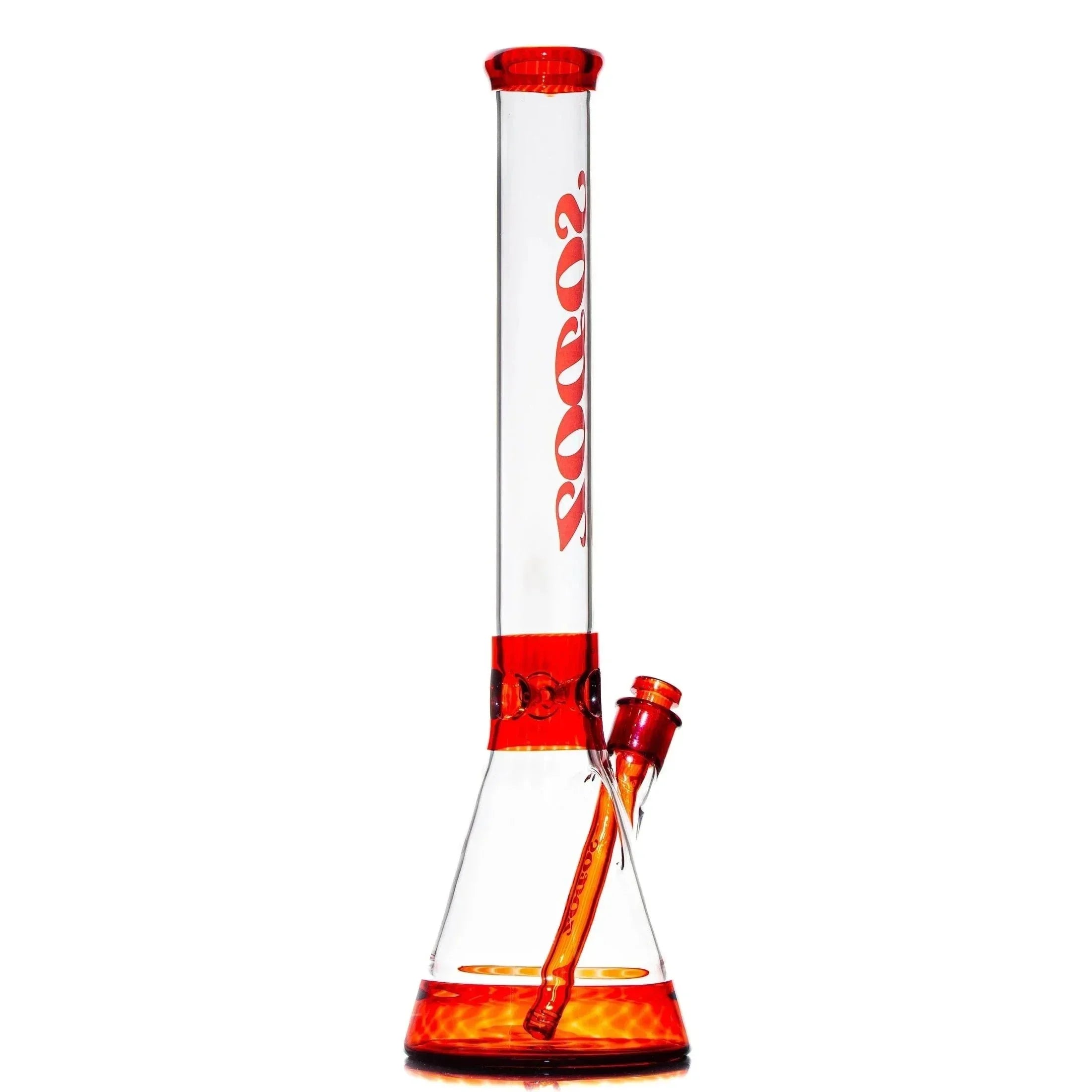 Clear glass beaker bong with vibrant orange accents and angled downstem