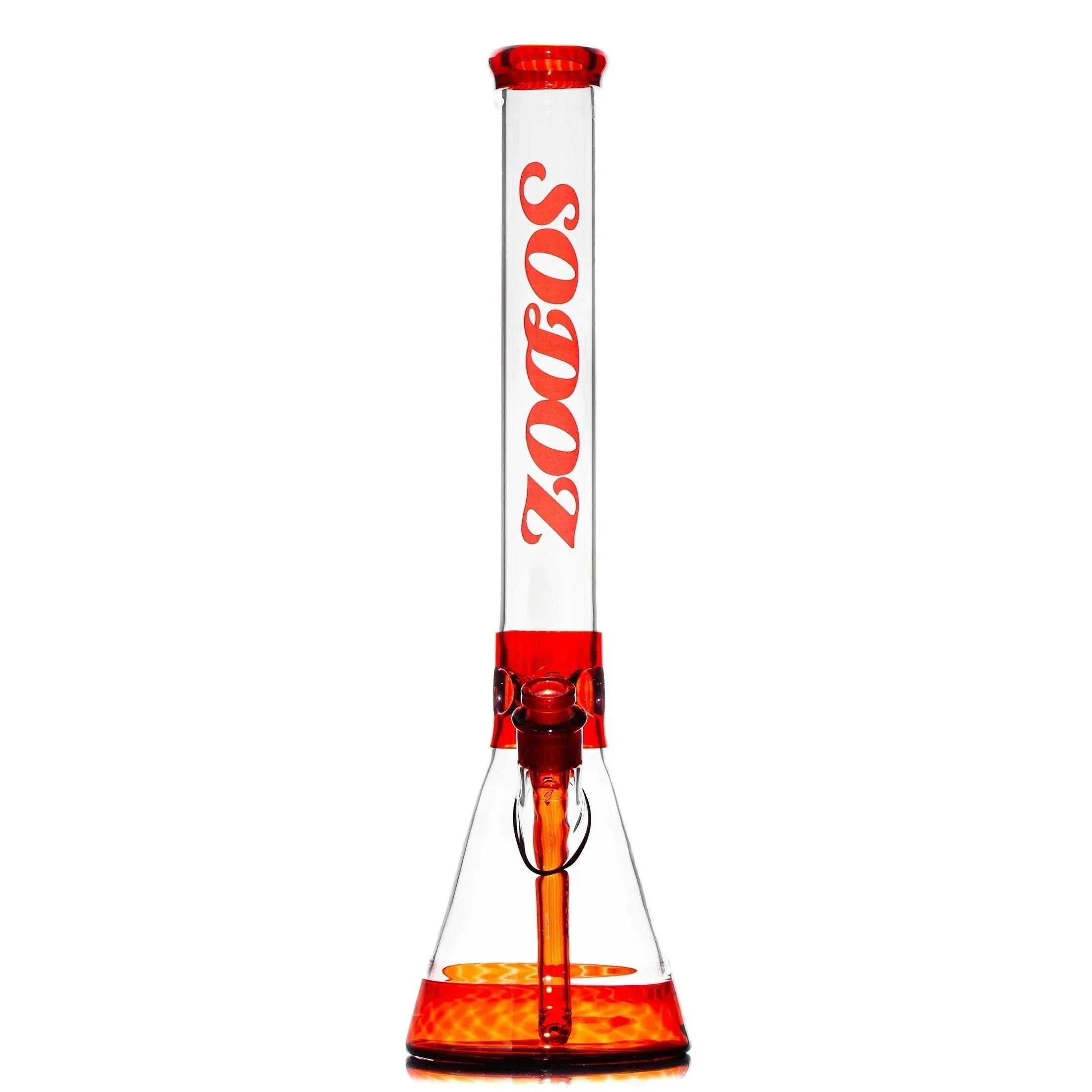 Clear and red glass beaker bong with downstem and SODOZ text, isolated on white background