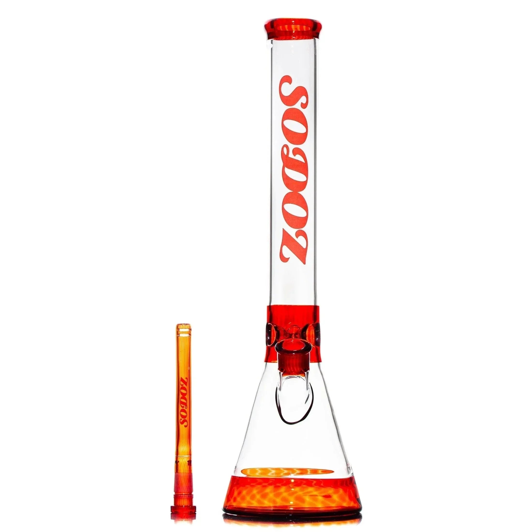 Clear glass beaker bong with orange accents and SODOZ logo, includes matching downstem.