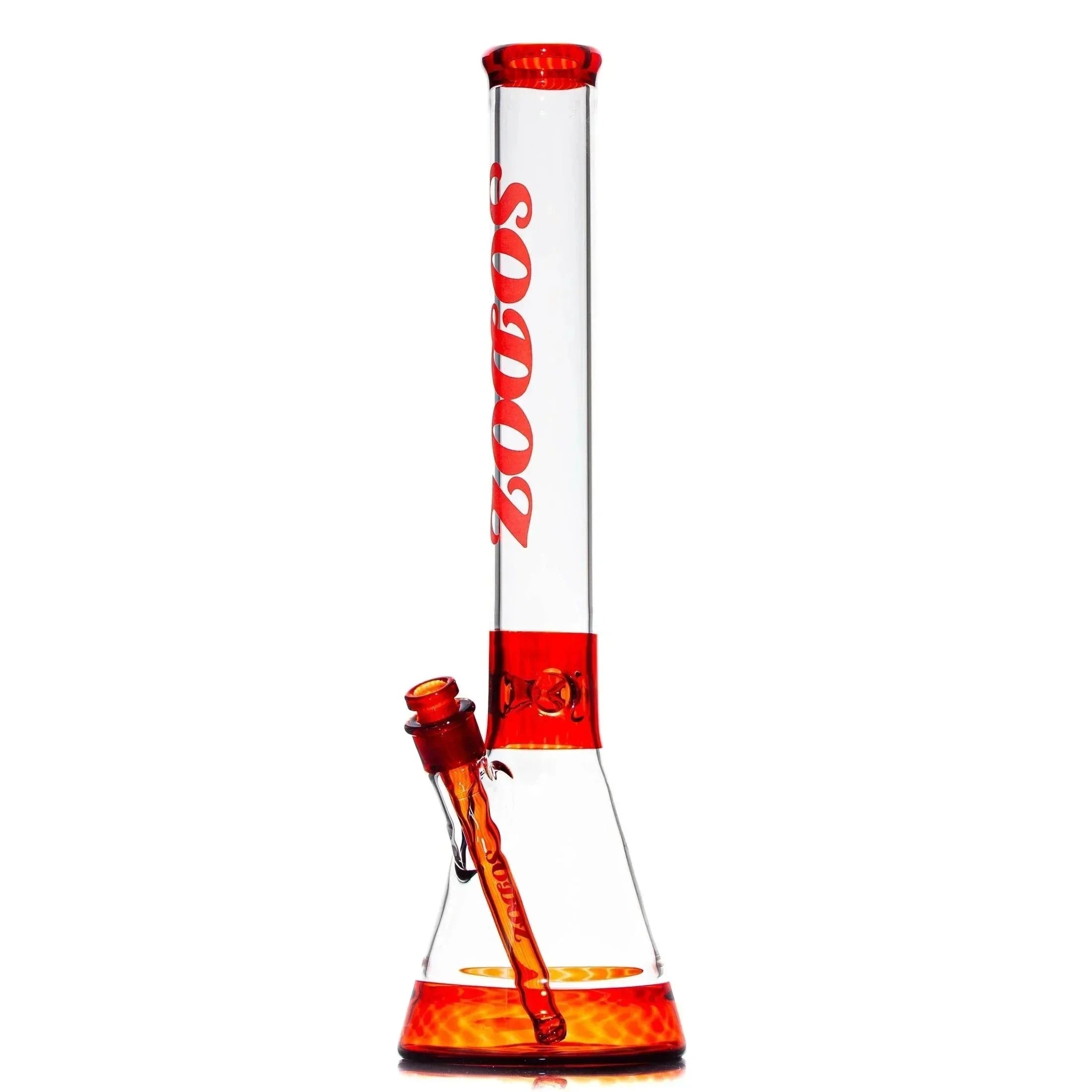 Clear and orange beaker glass water pipe with 'Sodoz' logo, straight neck, and flared base