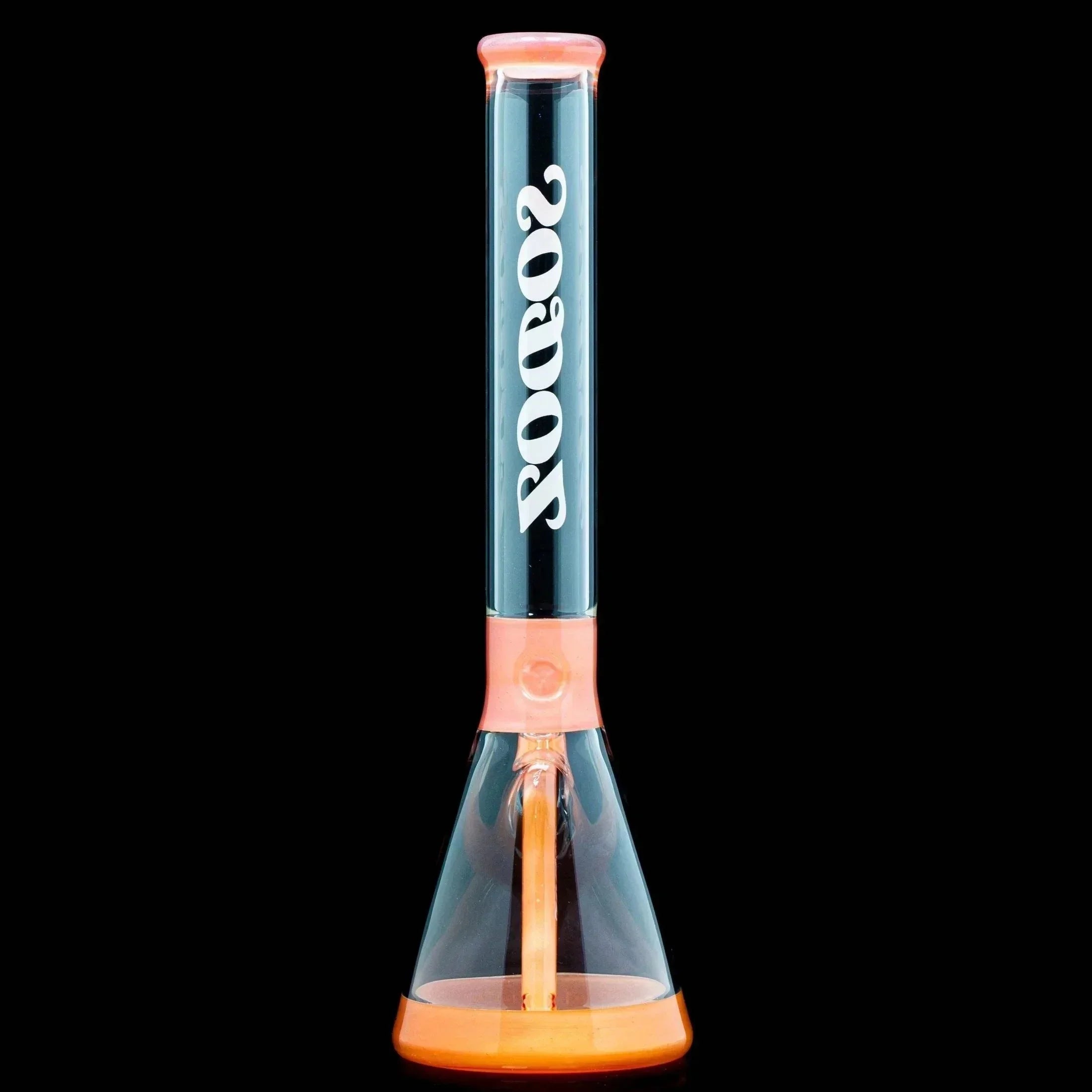 Clear glass beaker bong with peach accents, Sodoz logo, on black background