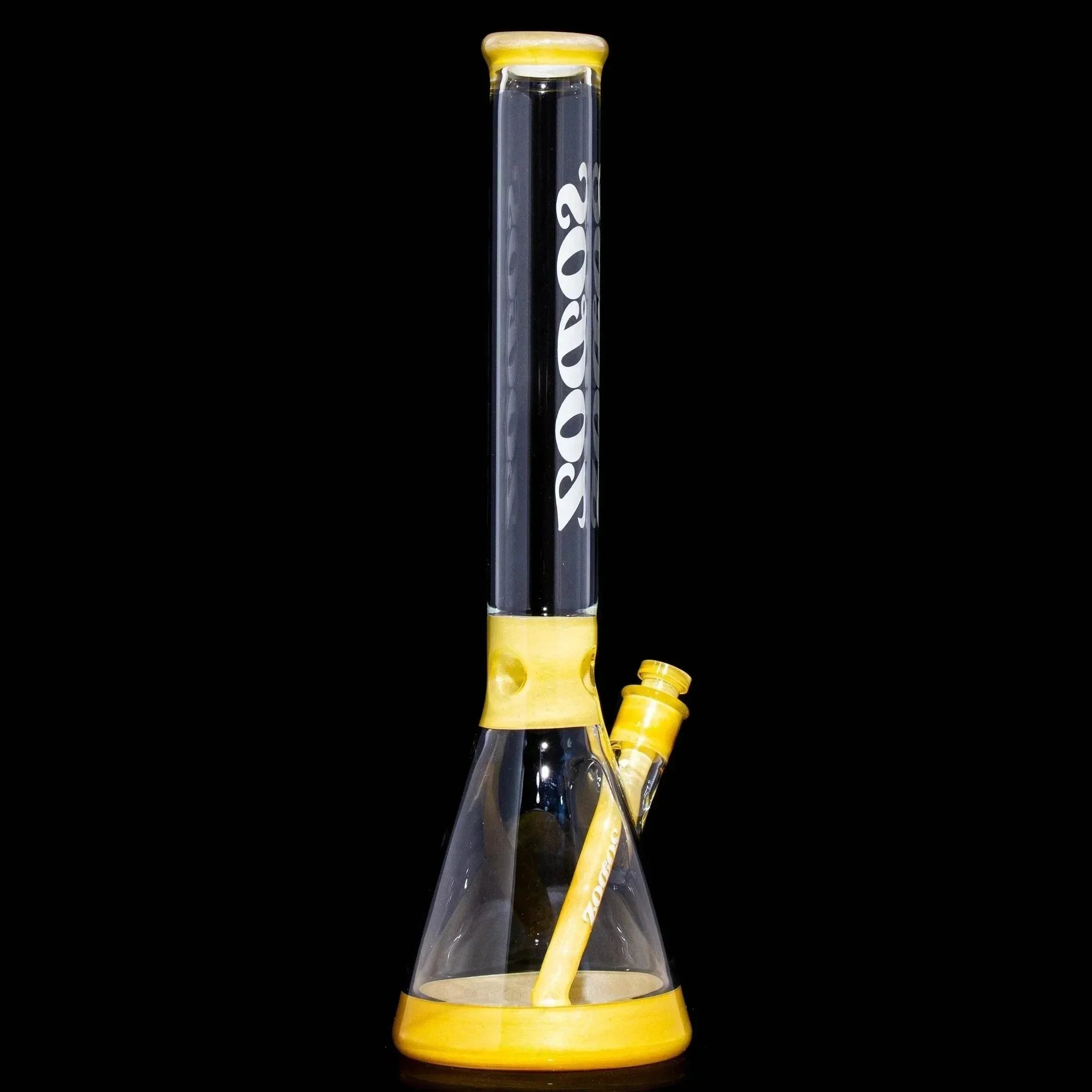 Peach and clear beaker glass water pipe with yellow accents and Sodoz logo