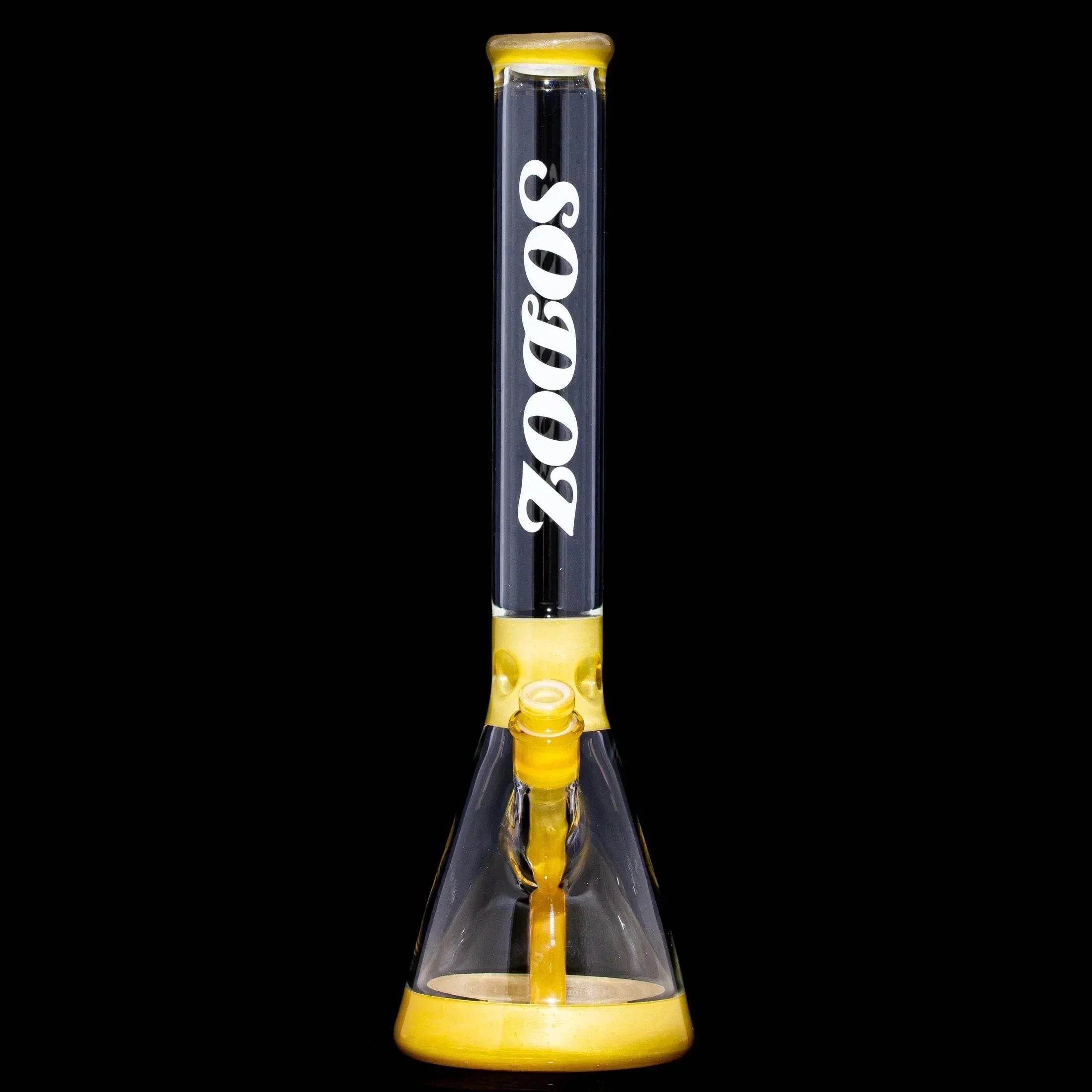Yellow and clear glass water pipe with bold SODOZ logo on the neck, black background