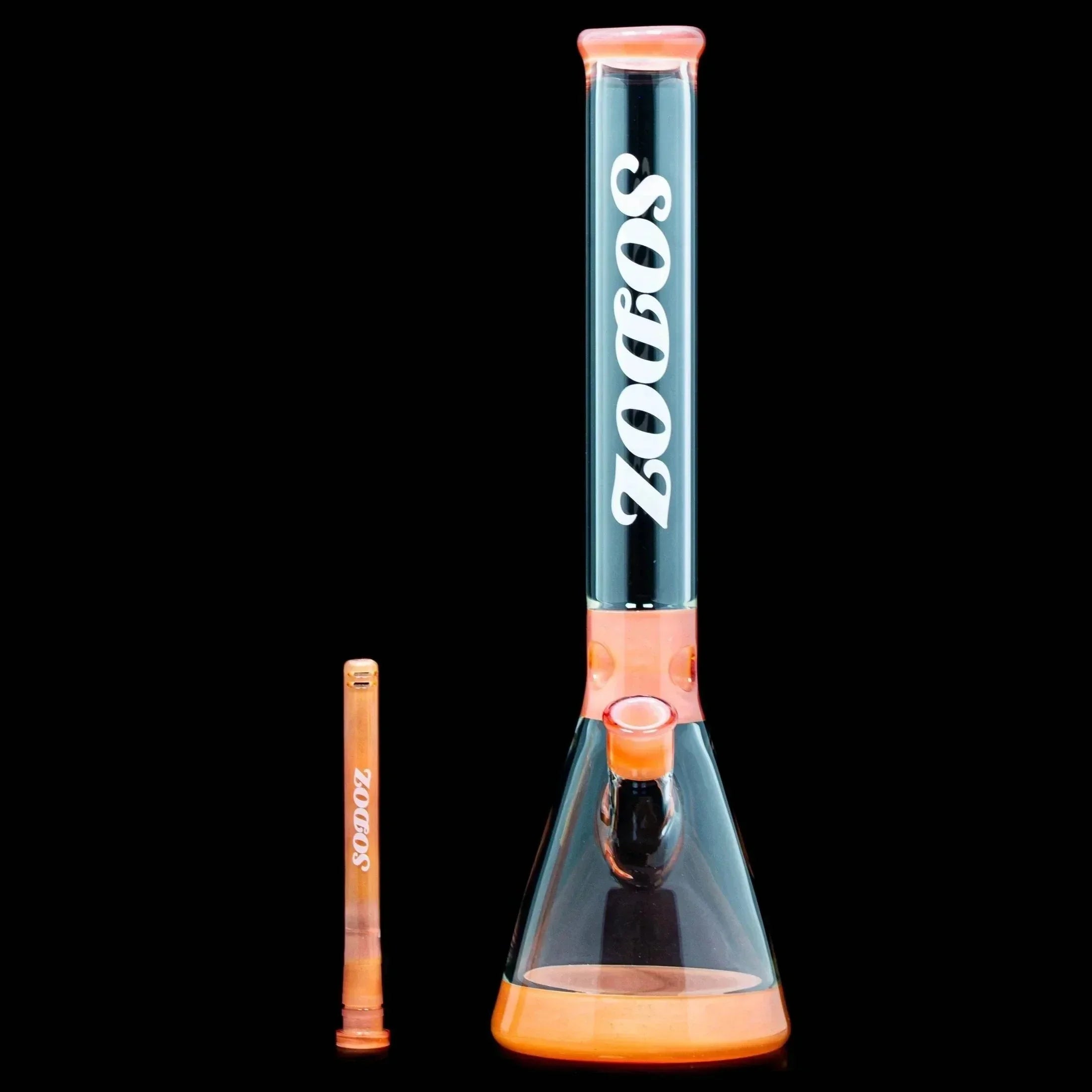 Peach satin beaker glass water pipe with matching downstem, Sodoz logo, on black background