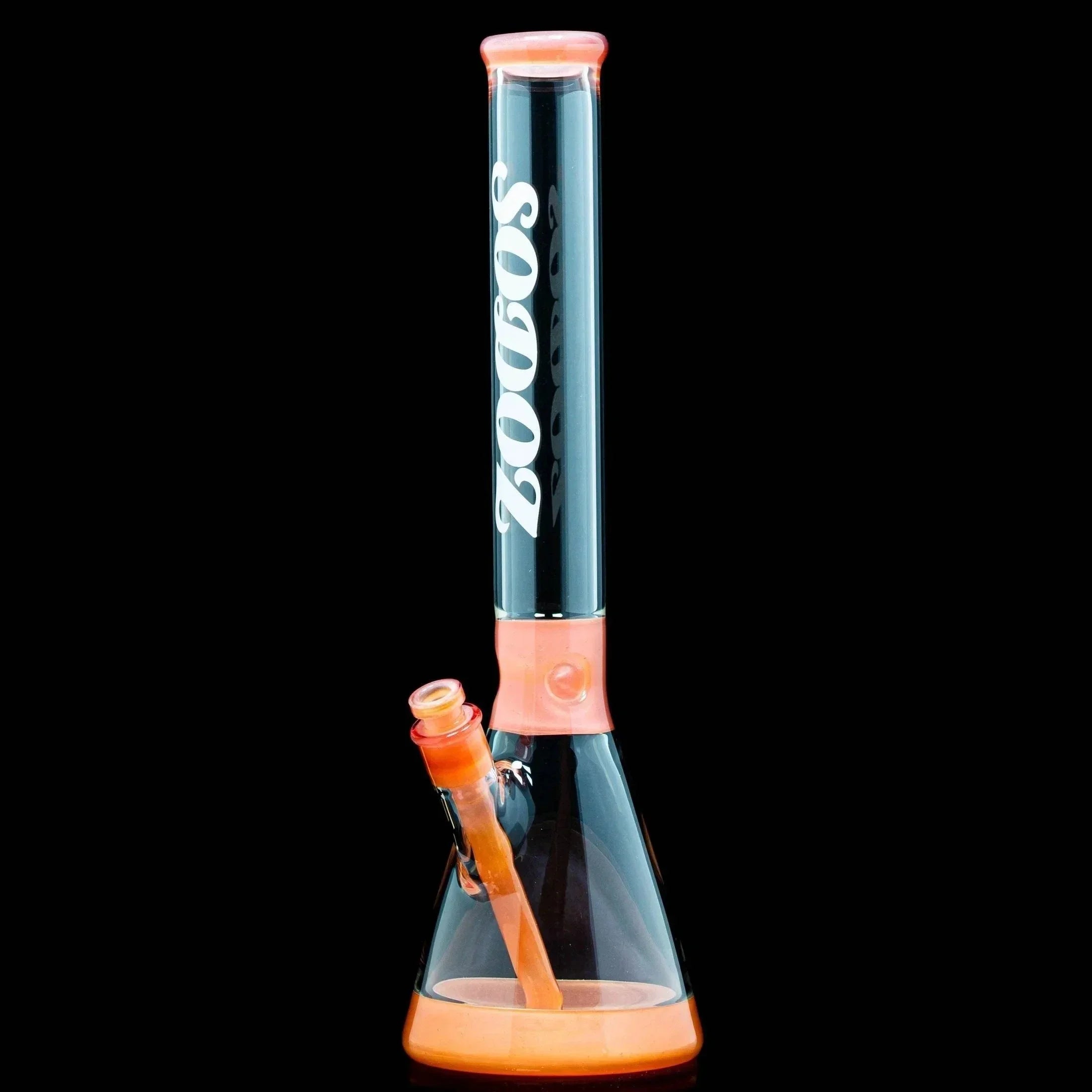 Peach satin glass water pipe with beaker base and SODOZ logo on black background