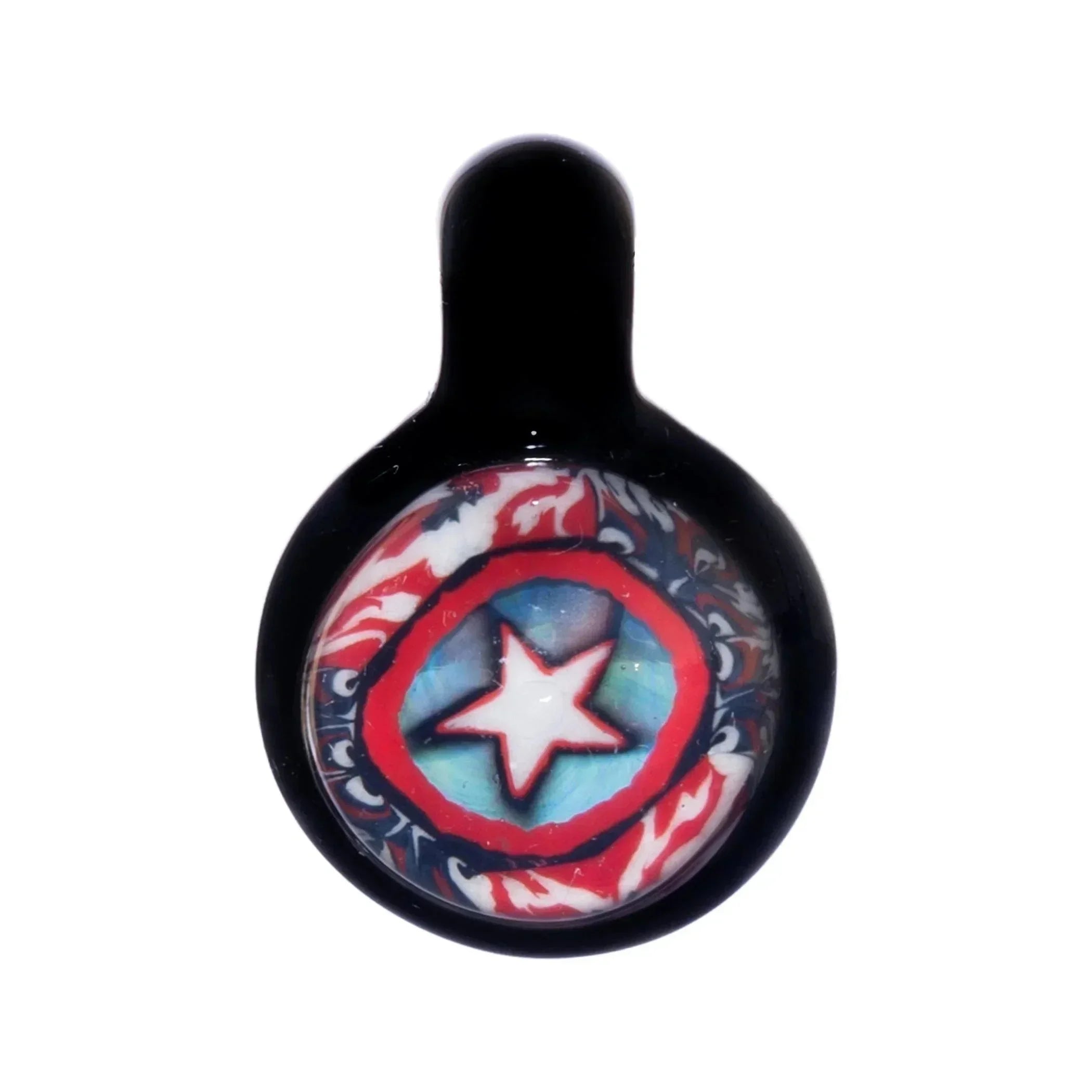 Black glass pipe bowl with Captain America shield design, red white blue star pattern