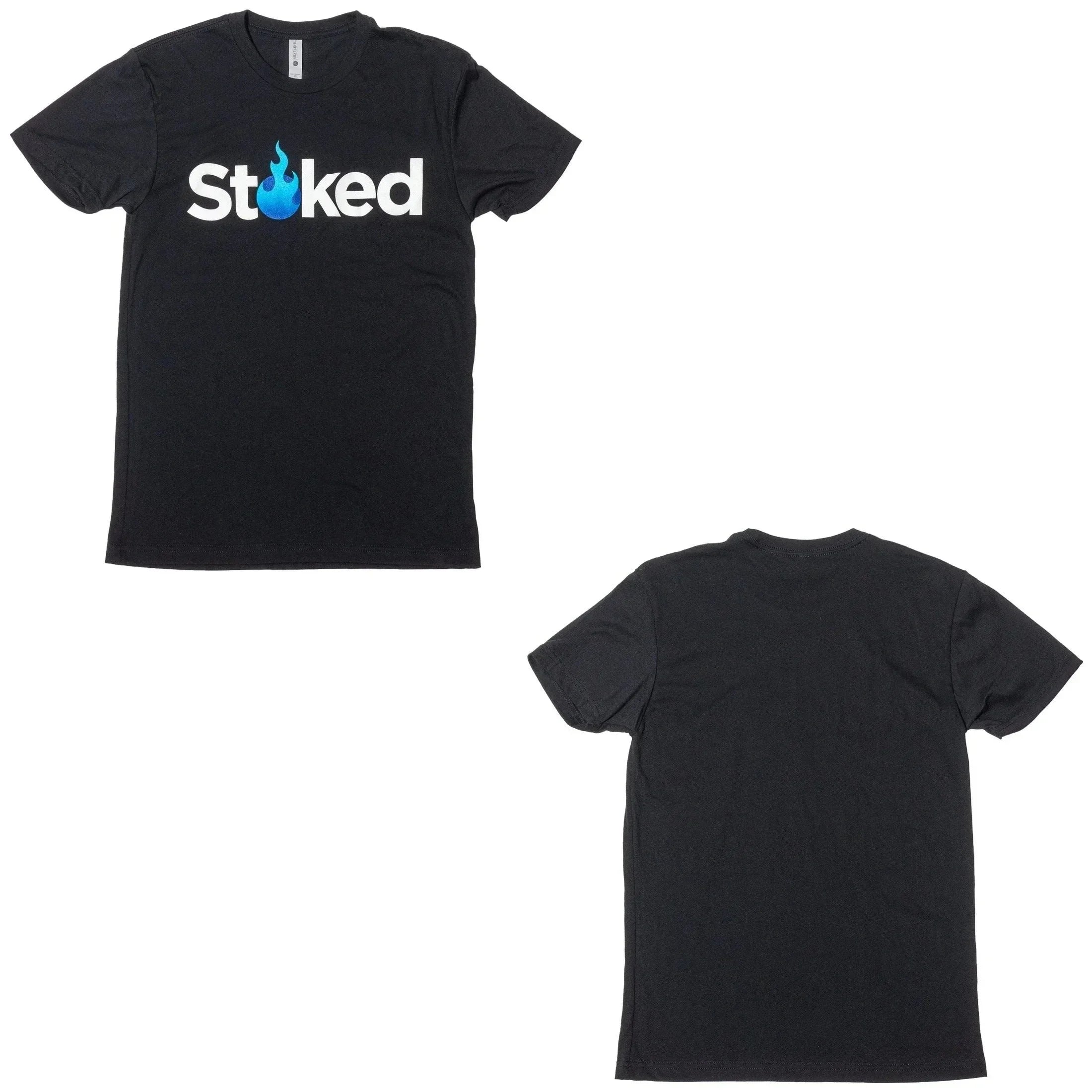 Black Stoked t-shirt with white logo and blue flame design, front and back view