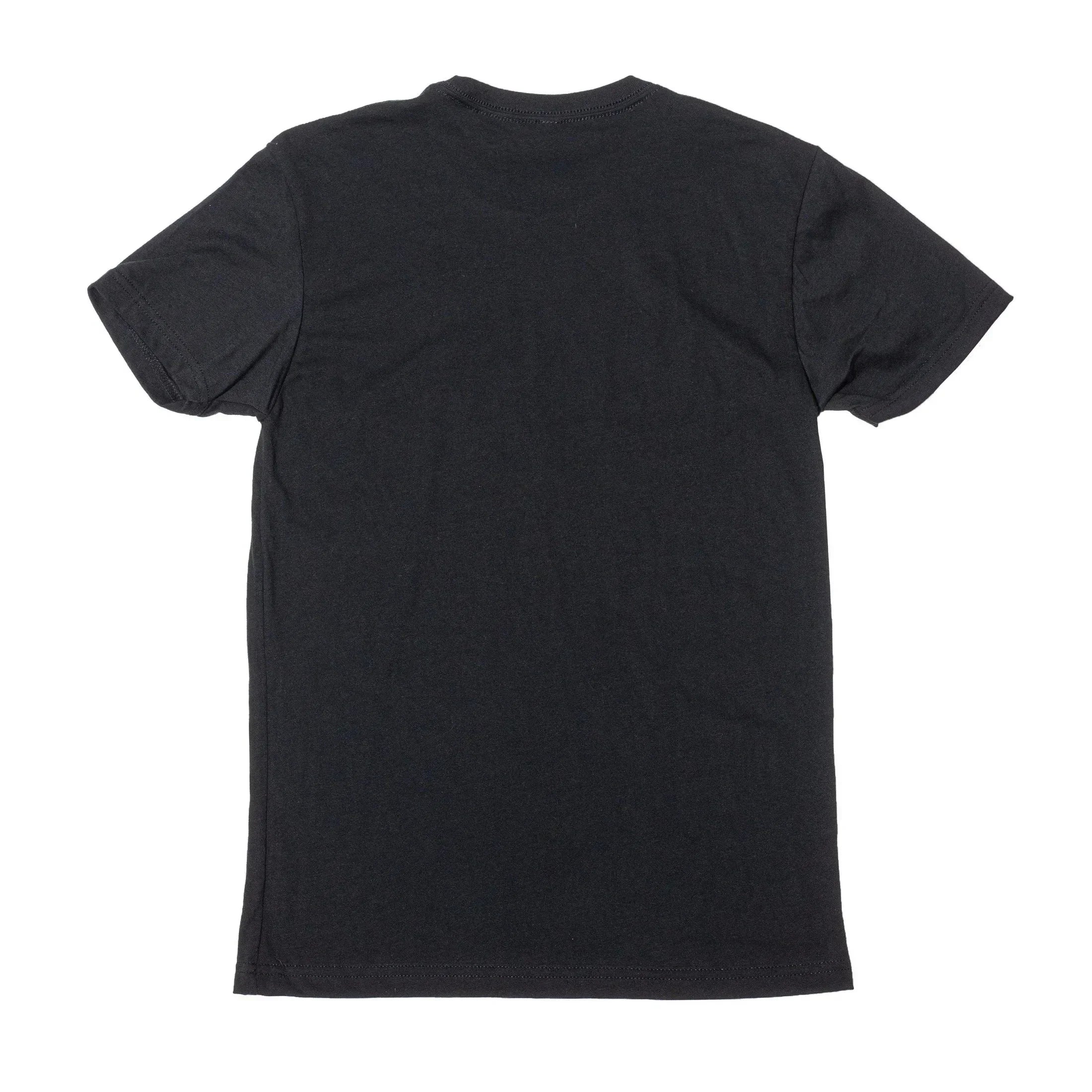Black crew neck t-shirt back view, plain design, casual wear