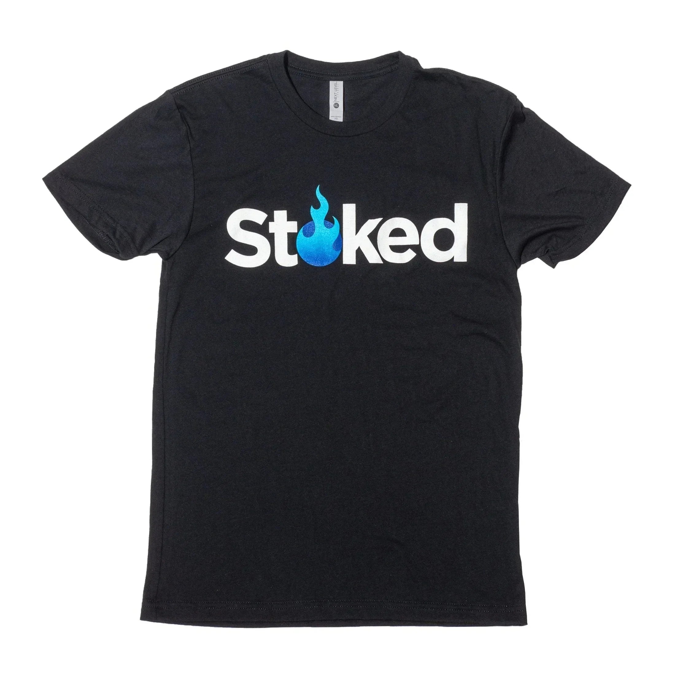 Black Stoked t-shirt with blue flame logo, bold white text, casual apparel for smoke shop fans