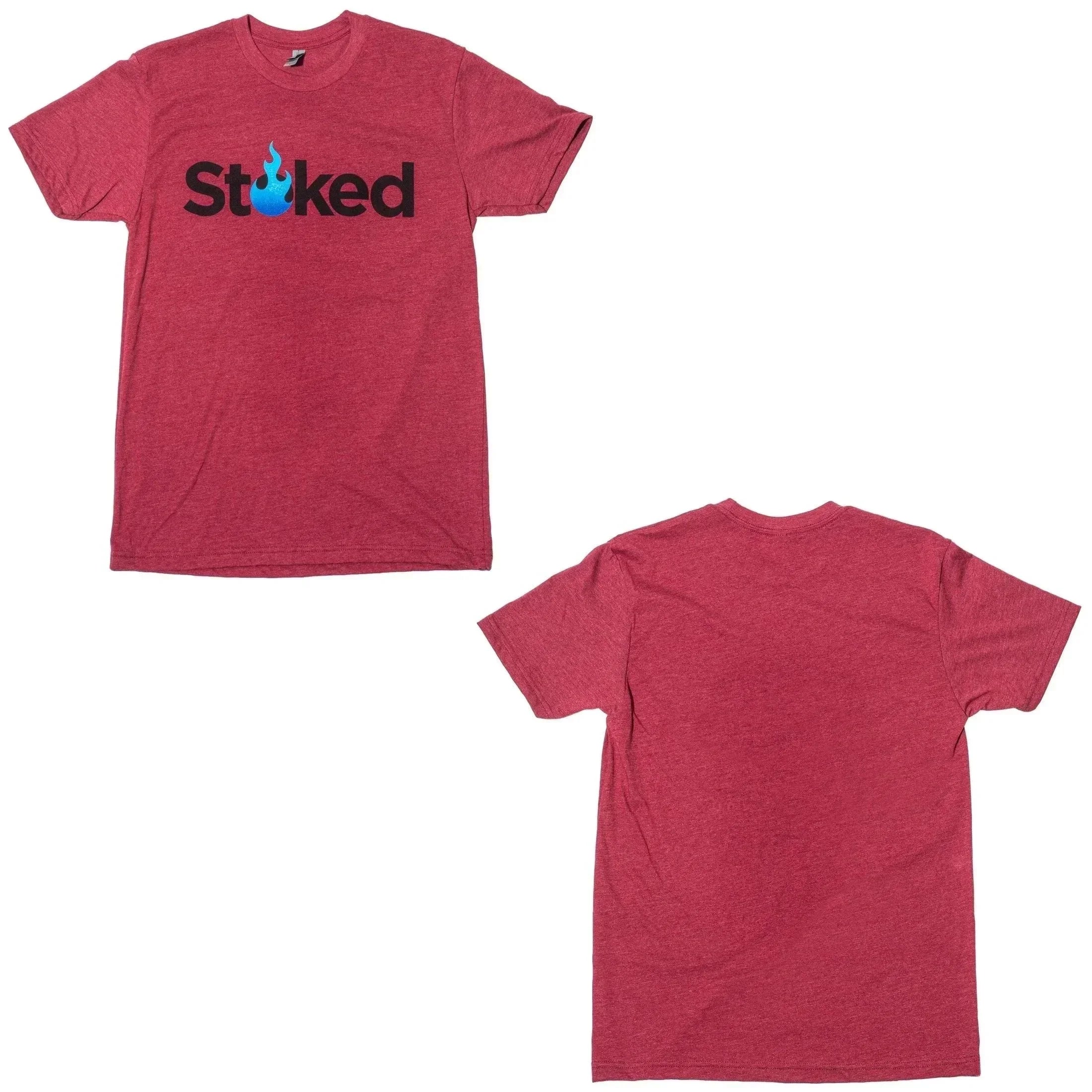 Red heather Stoked t-shirt with blue flame logo, front and back view
