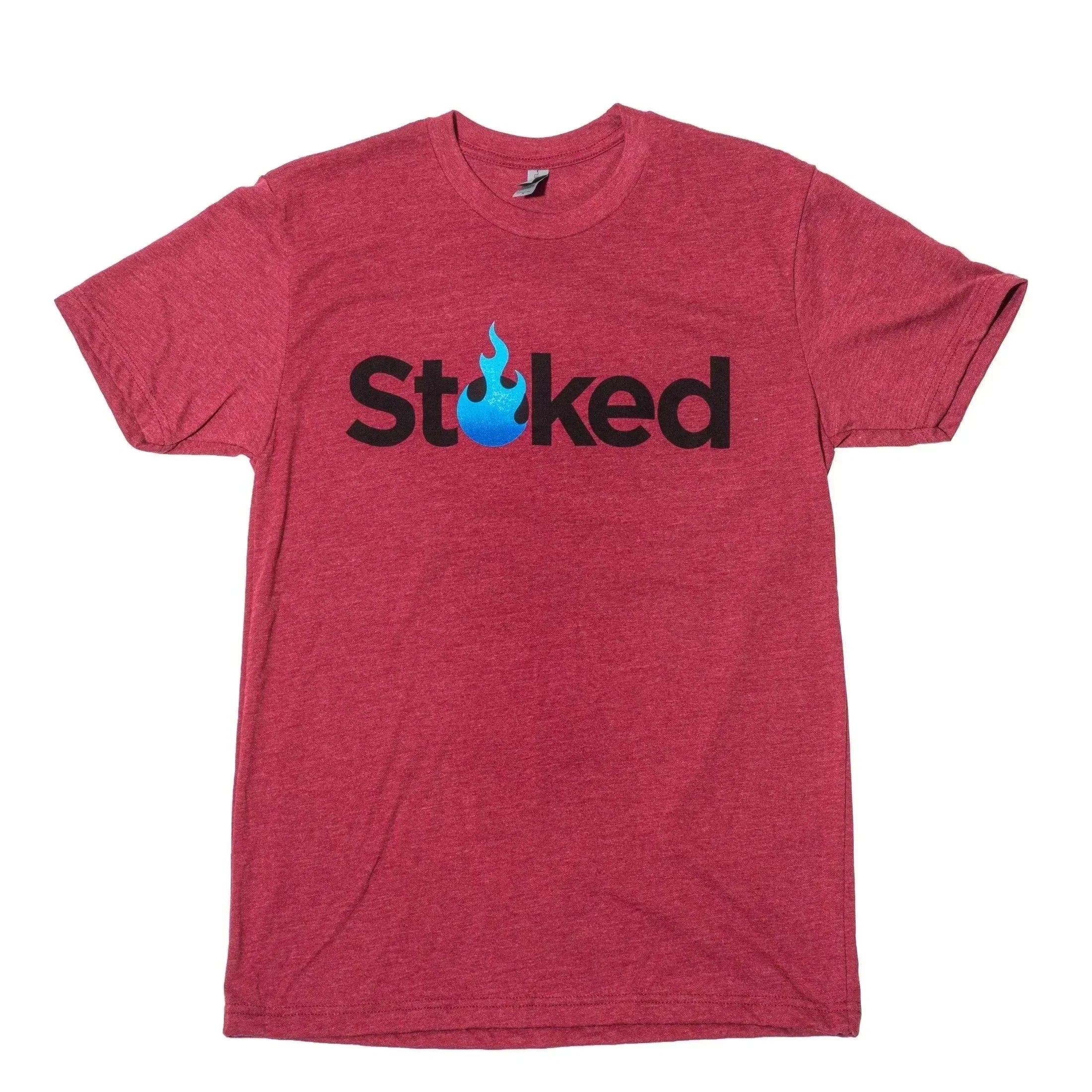 Red heather t-shirt with 'Stoked' logo and blue flame design