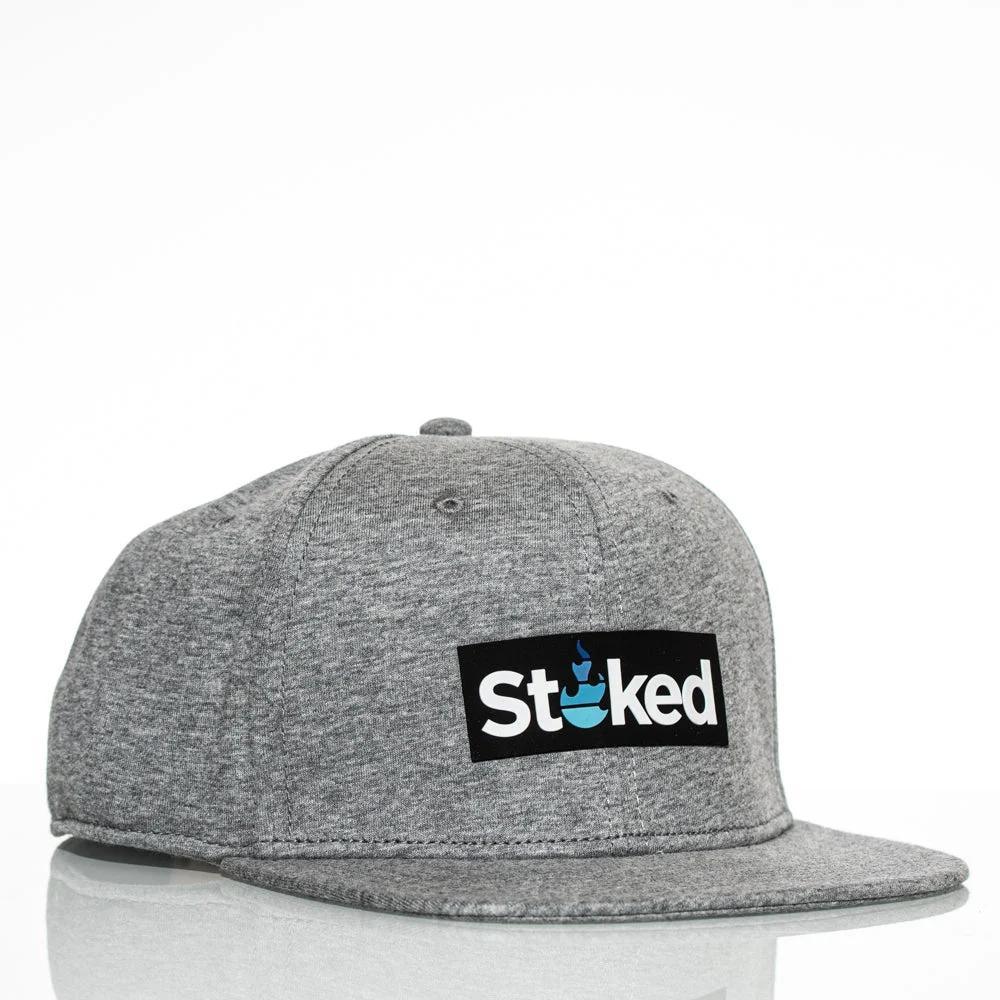 Gray Stoked snapback hat with black logo patch, heather fabric, flat brim