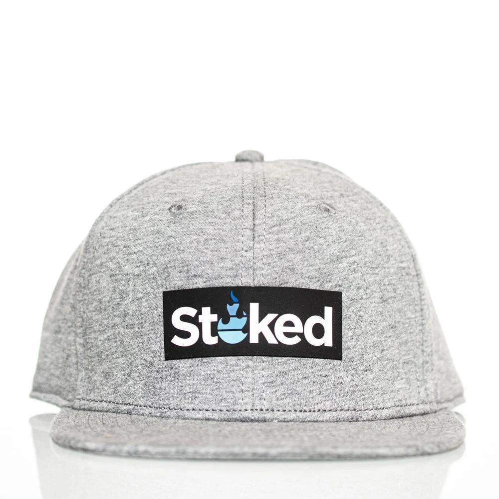 Gray Stoked brand snapback hat with black logo patch, heady glass shop merchandise